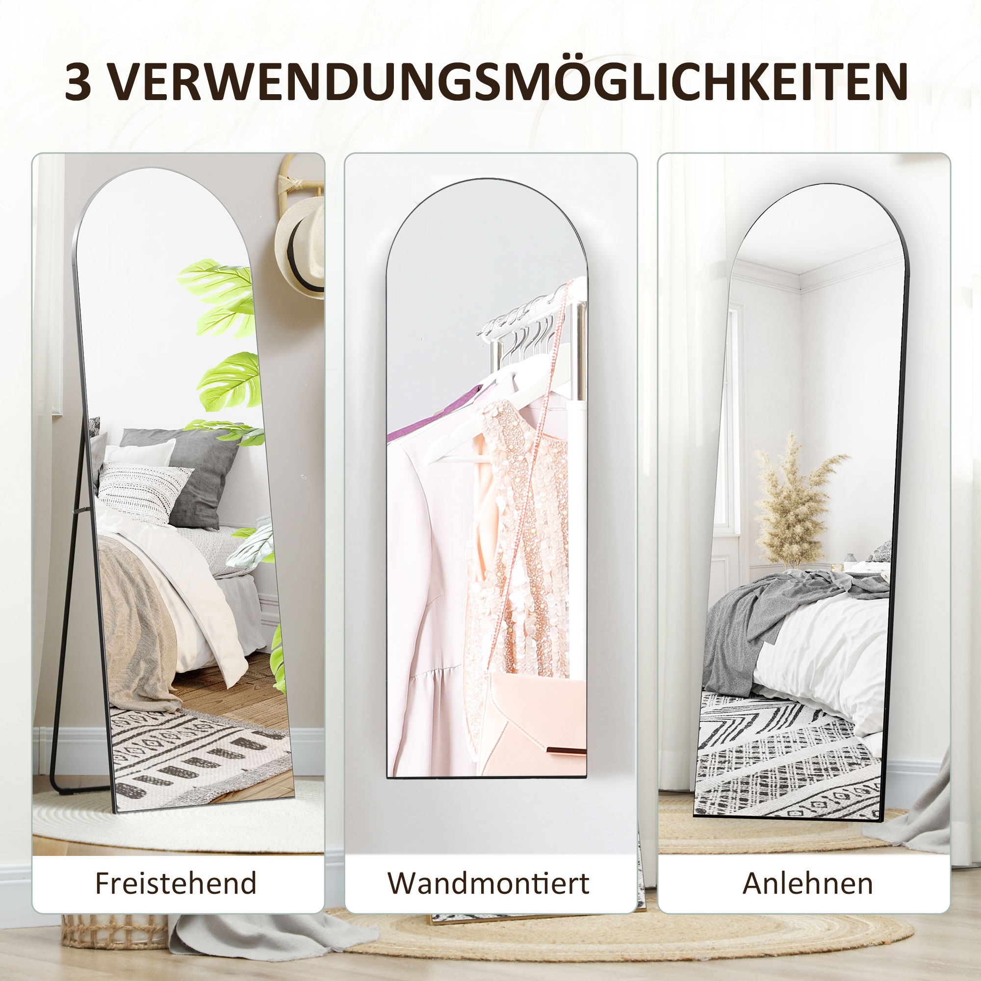 Ganzkörperspiegel, ohne Rahmen, freistehend/Wandmontage, Metallständer, 50x150 cm, Schwarz