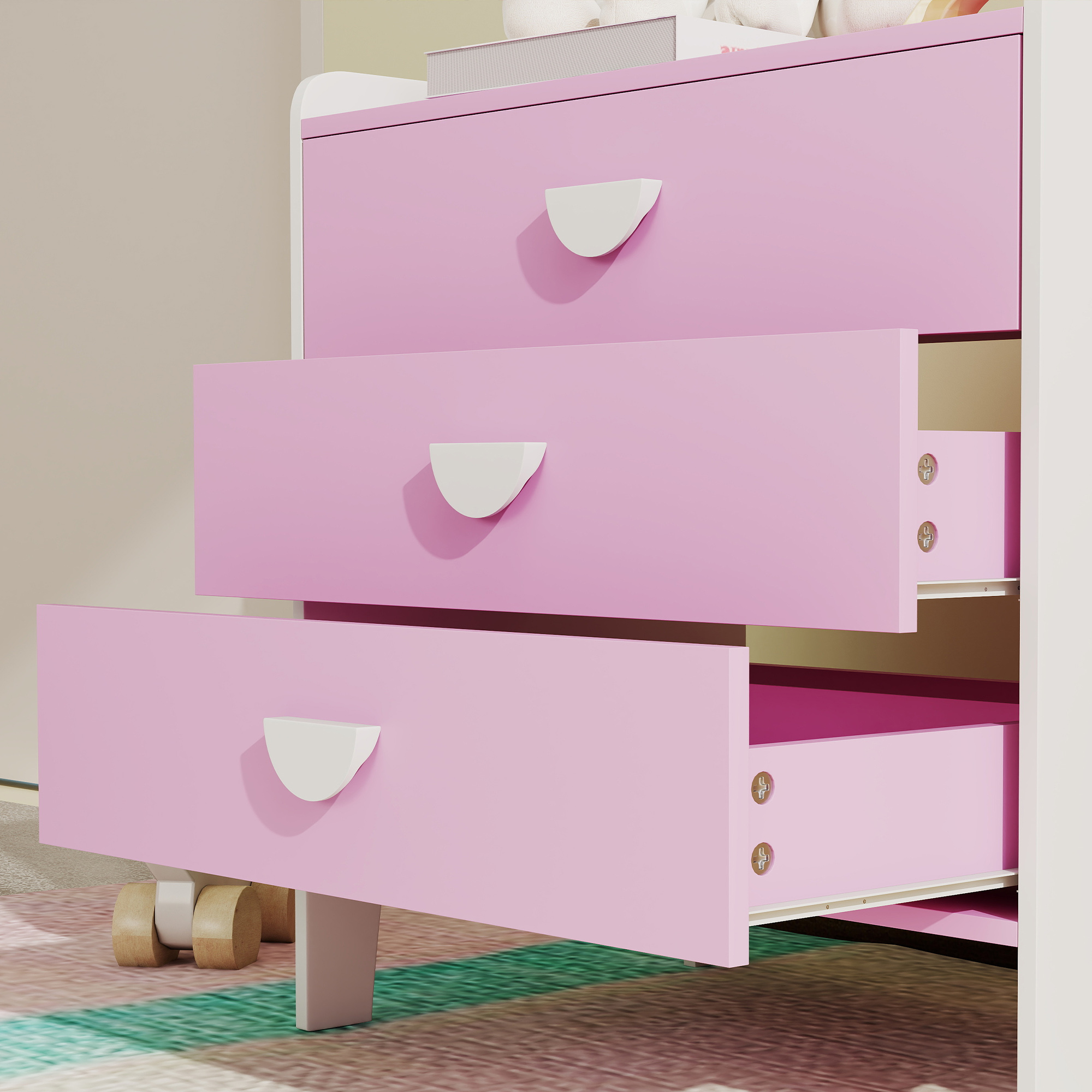 Kinder-Kommode mit 3 Schubladen, MDF, Aufbewahrungsschrank für Kinder, Rosa+Weiß