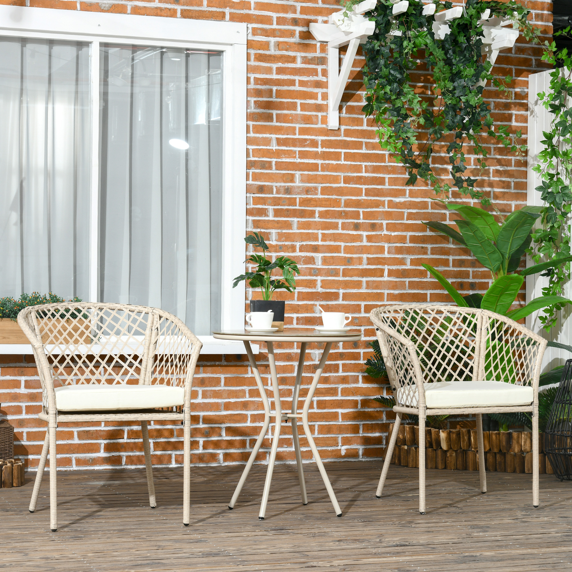 Rattan Gartenmöbel-Set, 2 Stühle und Tisch, Hartglas-Tischplatte, PE-Rattan, Sitzauflagen, Metallrahmen, Khaki