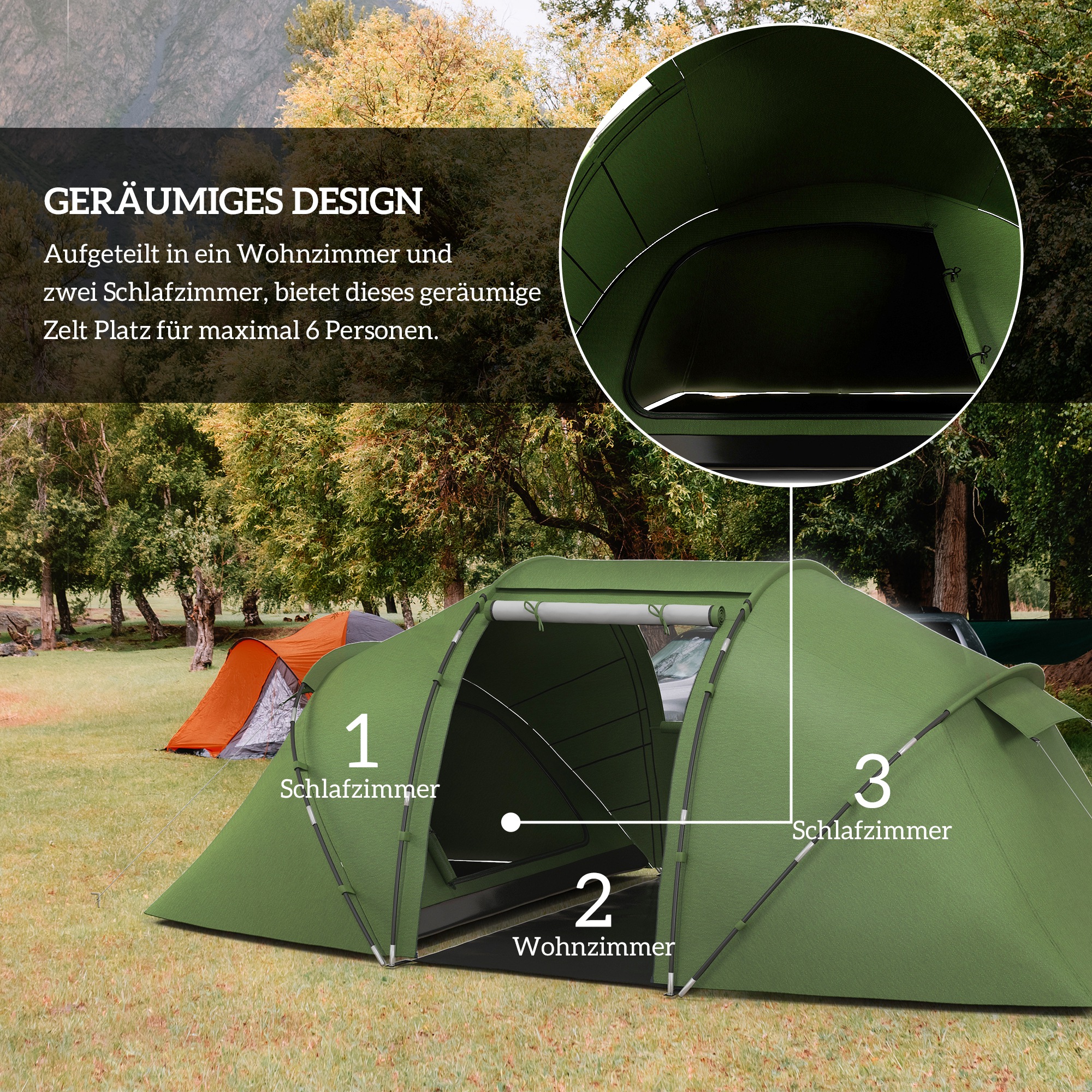 Tunnelzelt für 4-6 Personen, Campingzelt mit Tür, Bodenplane, 2000mm wasserdicht Grün