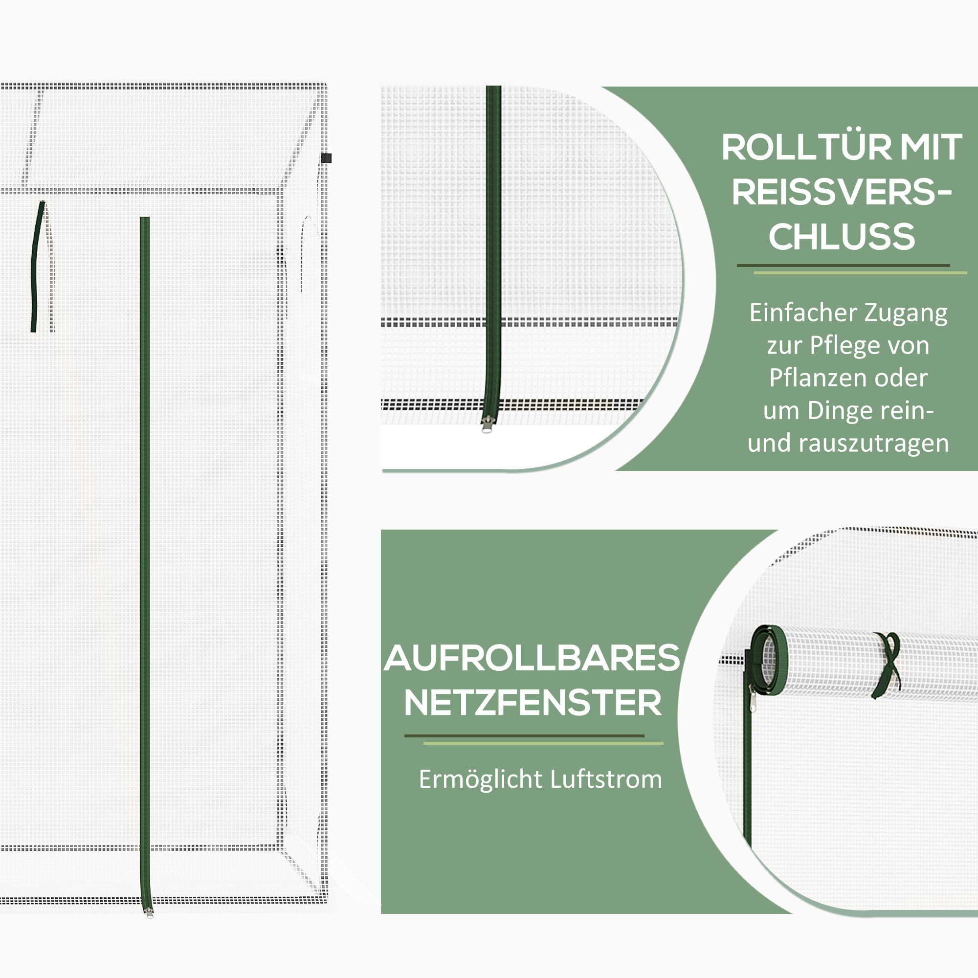 Gewächshaus mit Seitenfenster, aufrollbare Tür, winddicht, Stahlrahmen, Kunststoffplane, weiß, 200 x 76 x 168 cm