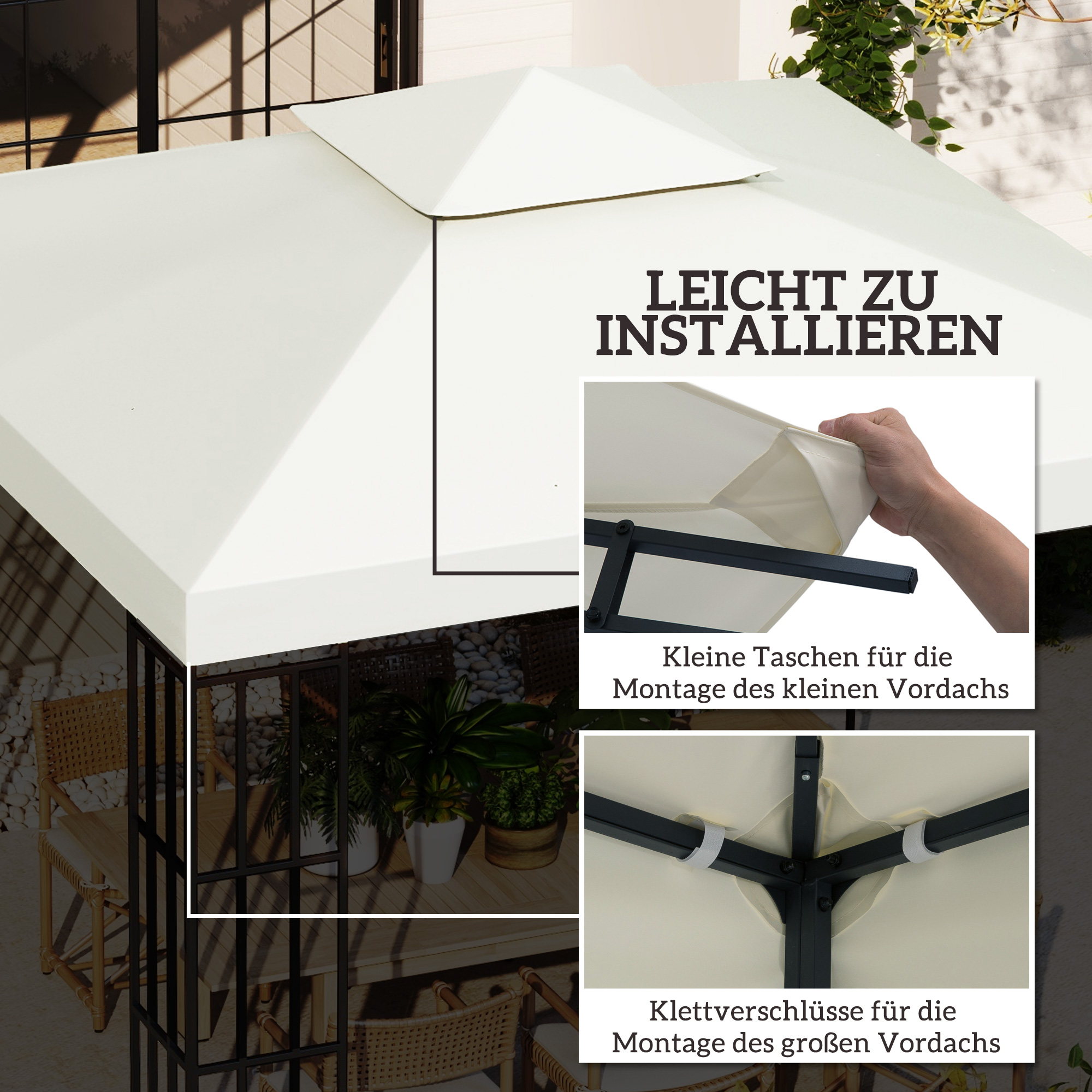 Ersatzdach für Pavillon 3 x 3 m wasserdicht Pavillondach mit Doppeldach Ablauflöcher, Ersatzbezug Ersatzteile für Gartenpavillon Gartenzelt Cremeweiß