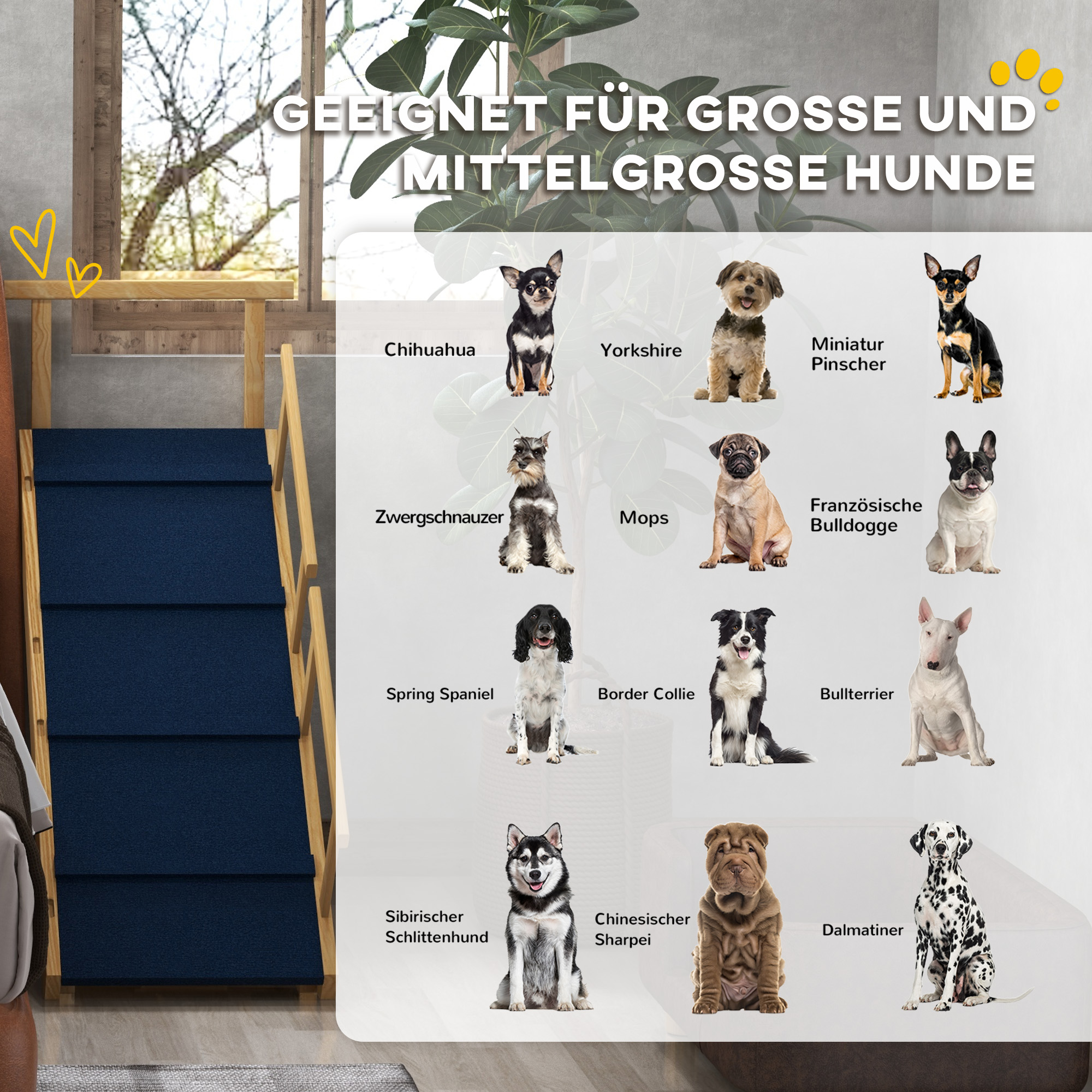 Hunderampe, höhenverstellbar, klappbar, Geländer, für Hunde bis 40kg, Holzrahmen, 85 x 40 x 61 cm, Schwarz