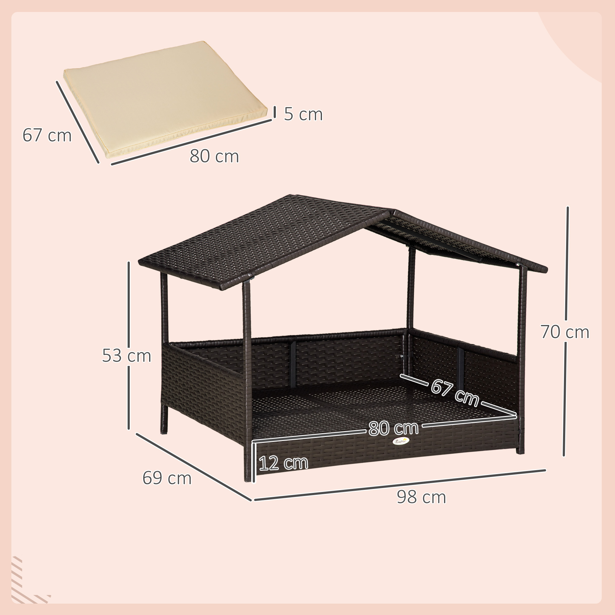 Rattan Hundeliege Outdoor mit Dach, erhöhtes Hundebett für kleine und mittelgroße Hunde, Kühlendes Haustierliege mit Metallrahmen, Kissen für Draußen, 69 x 98 x 70 cm, Kaffee-Braun
