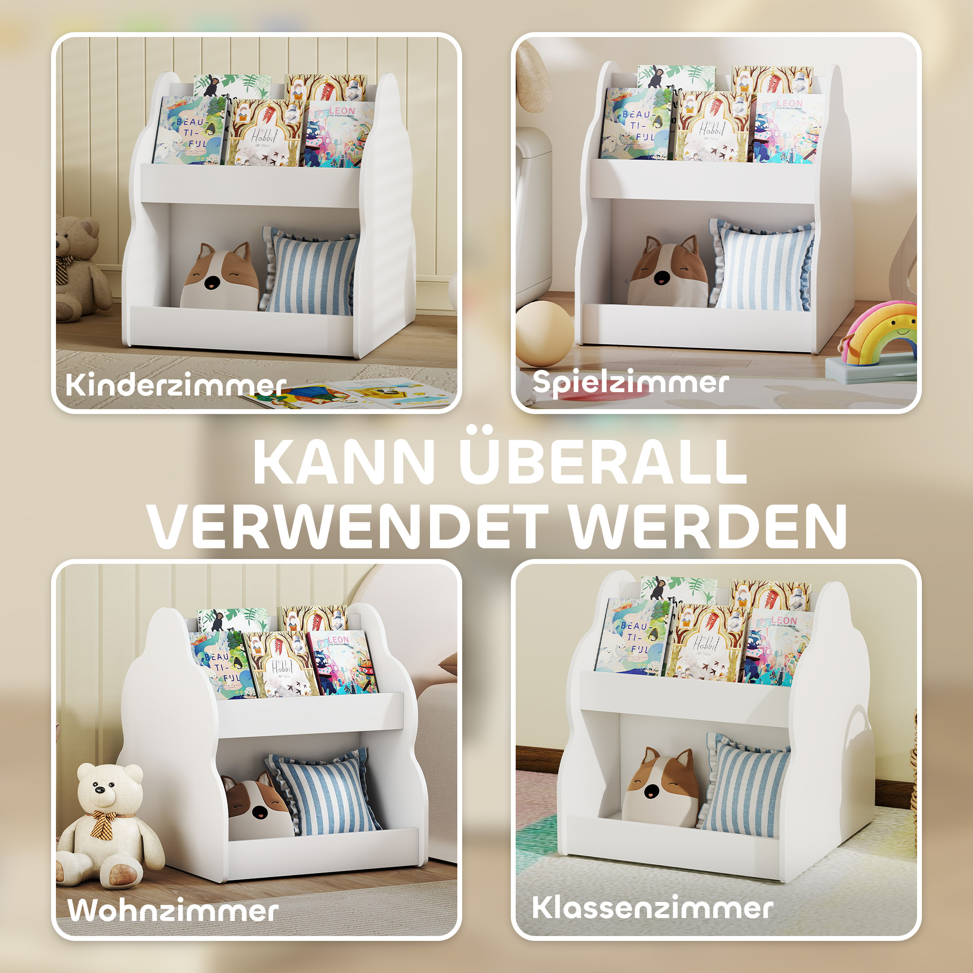 Kinderregal, 2-stöckiges Kinder-Bücherregal mit Rädern, 4 Regalen, für Kinderzimmer, Spielzimmer, 54x50x56 cm, Weiß