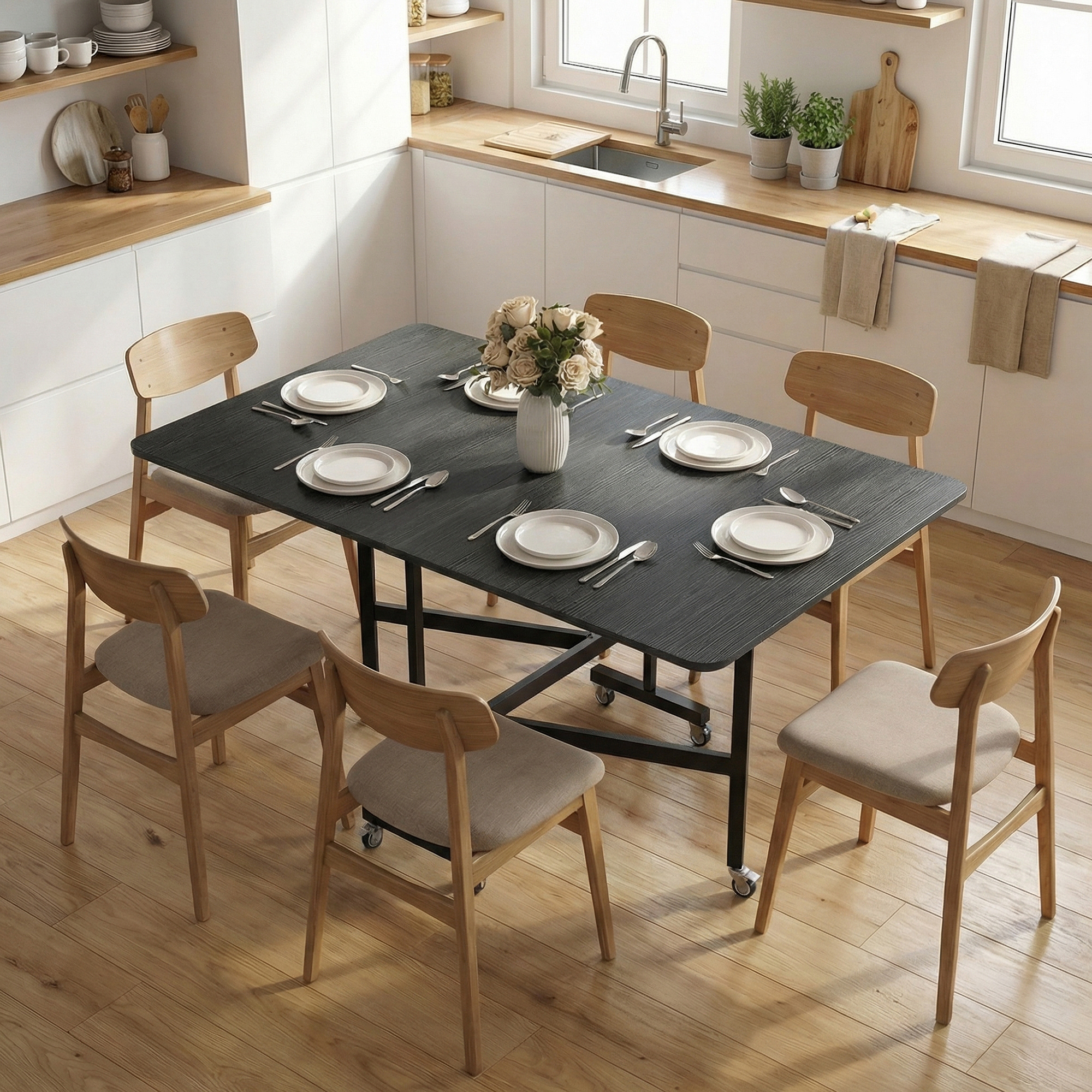 Esstisch Klappbar Küchentisch für 4-6 Personen mit 6 Rollen Mobiler Klapptisch für Kleine Räume 120x80x73 cm Schwarz