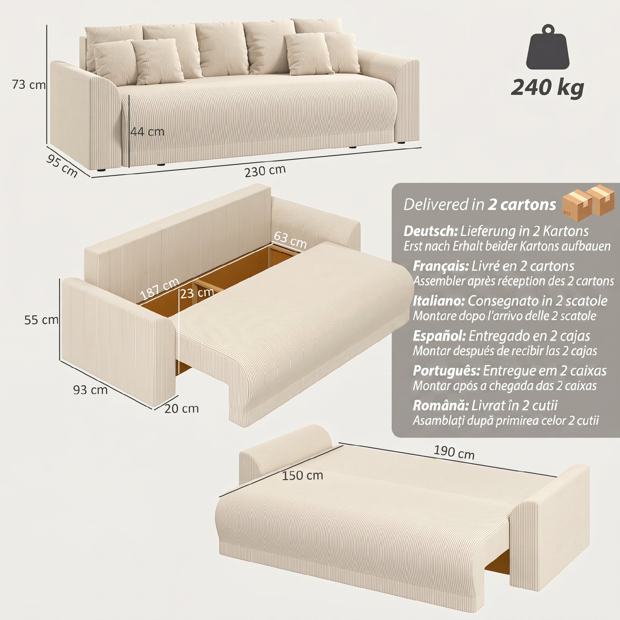 Schlafsofa 190x150cm 3-Sitzer Sofa mit Schlaffunktion, Kissen, Stauraum, Cord-Optik für Wohnzimmer, Beige