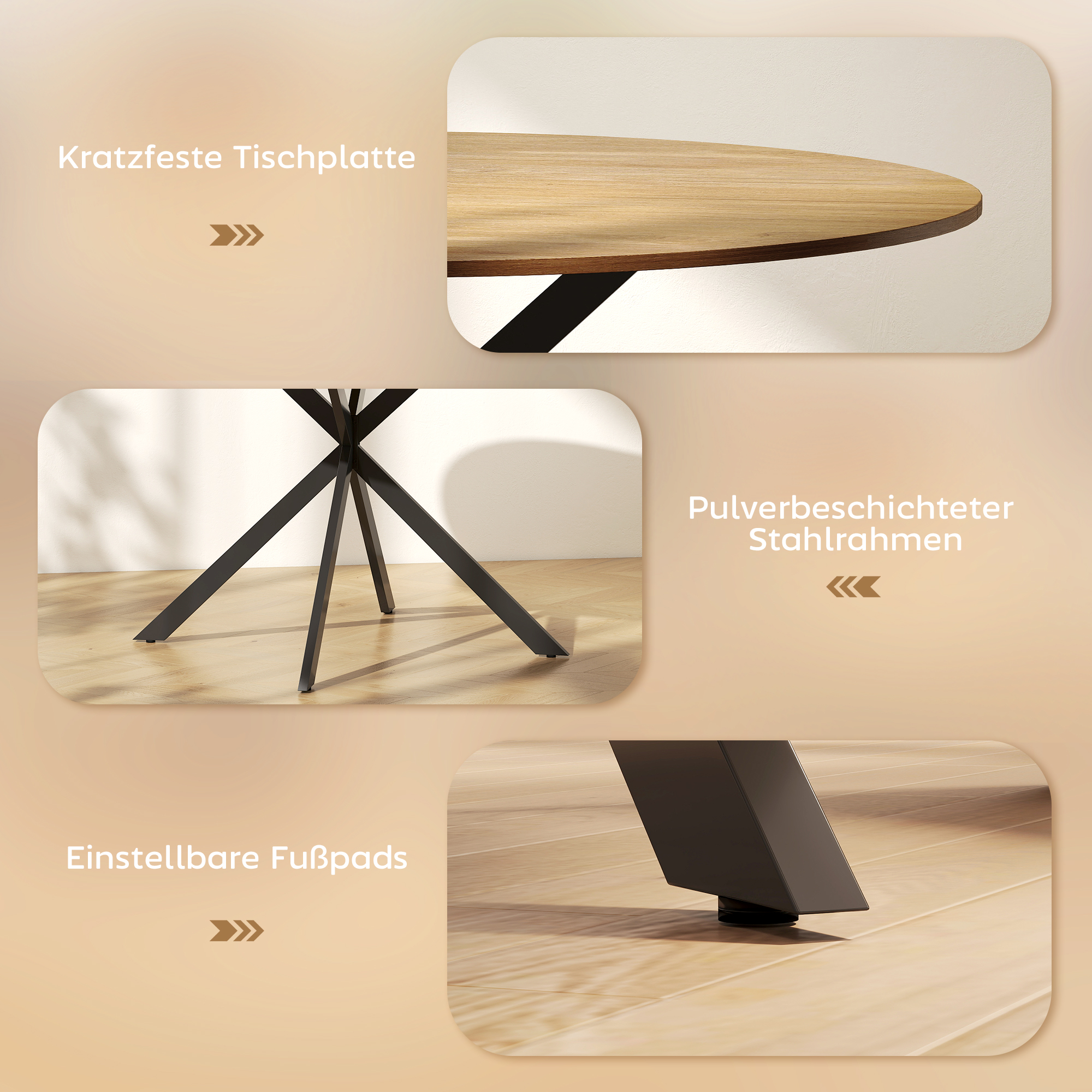 runder Esstisch für 4 Personen, Küchentisch im Industriestil mit Stahlbeinen, für Esszimmer, Küche, Eiche