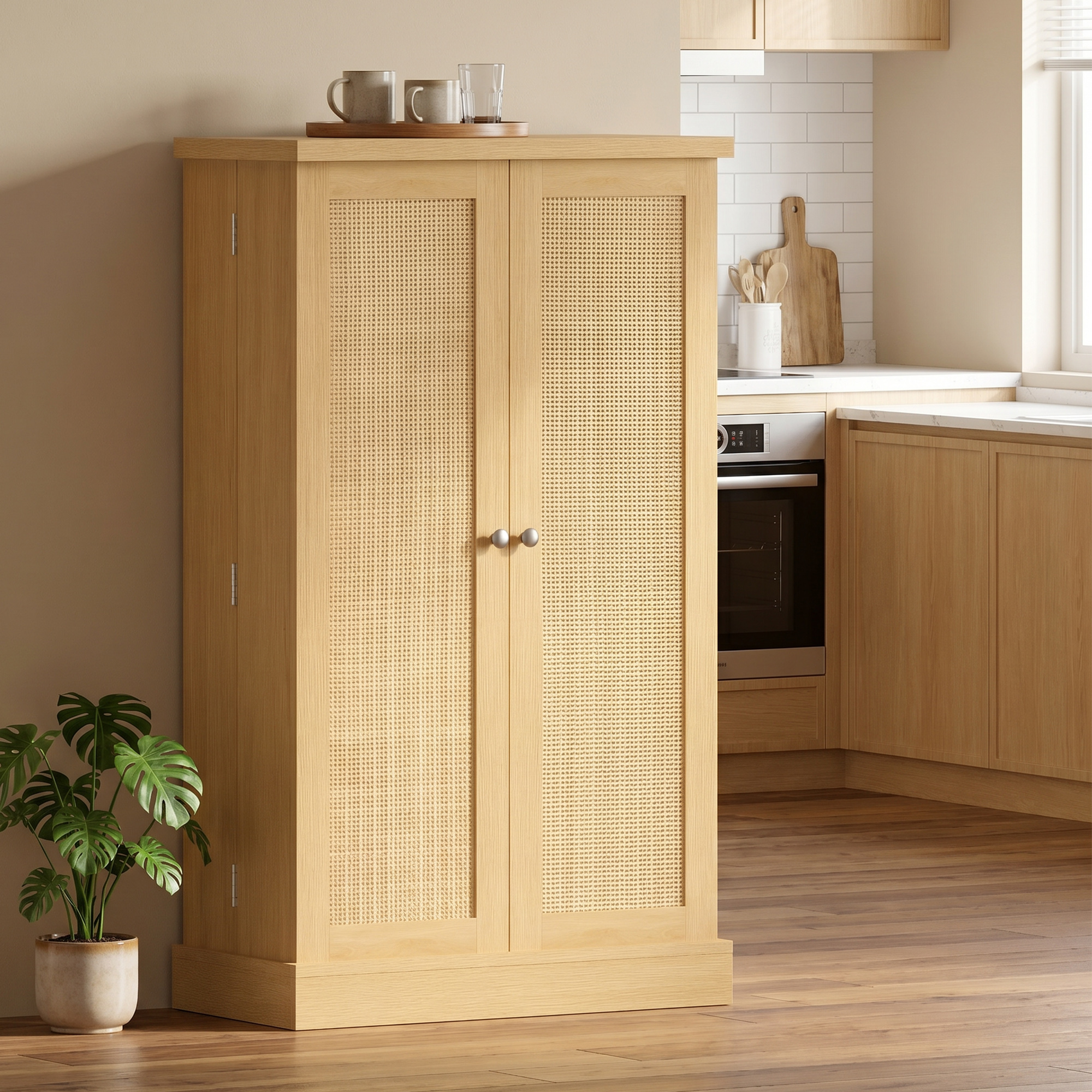 104 cm Rattan-Küchenschrank mit 5-stufigem Regal, 12 Gewürzfächern und verstellbaren Böden, Natur