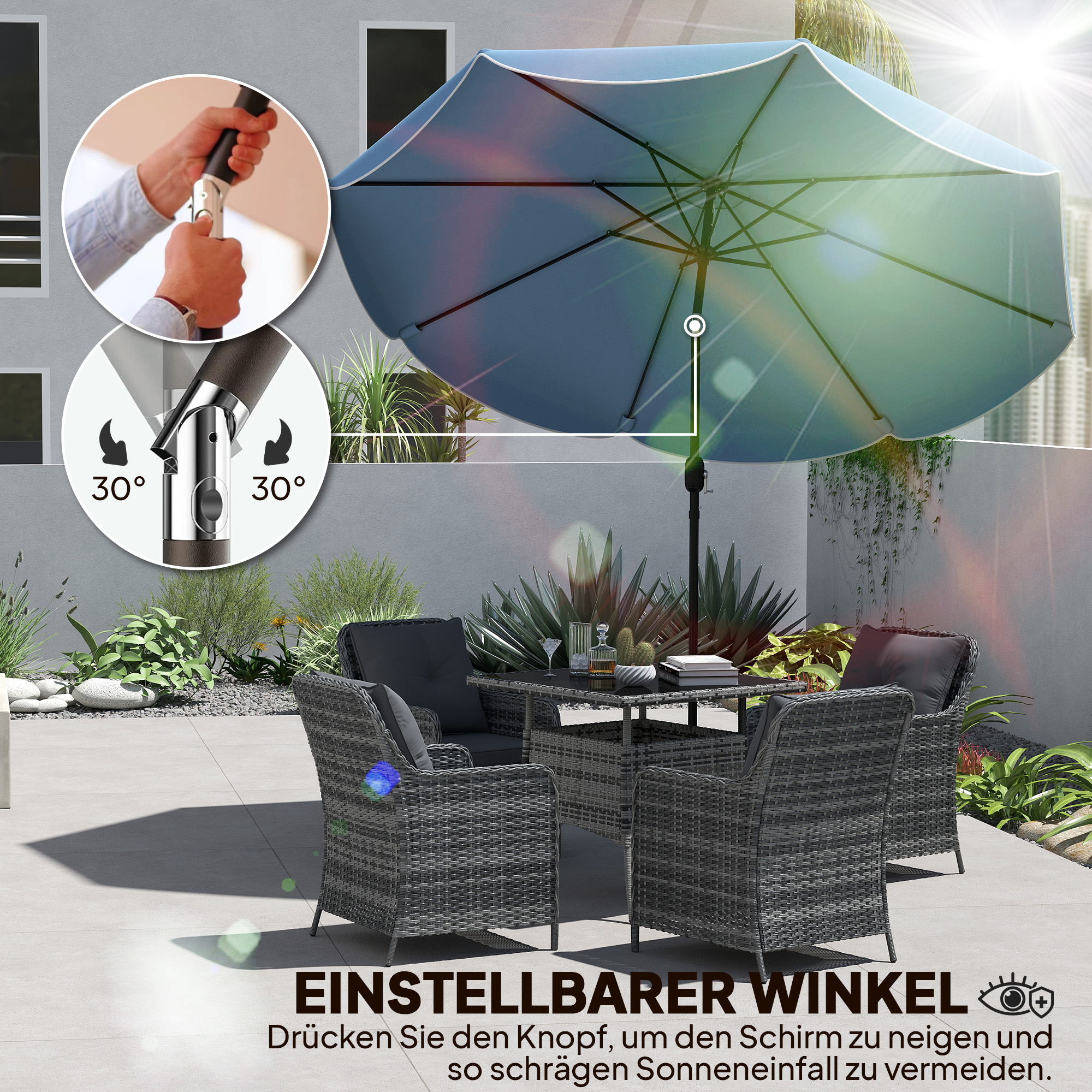 Sonnenschirm rund Balkonschirm Strandschirm mit 3-facher Neigung Kurbel 8 Streben Ø265 x 235H cm Himmelblau