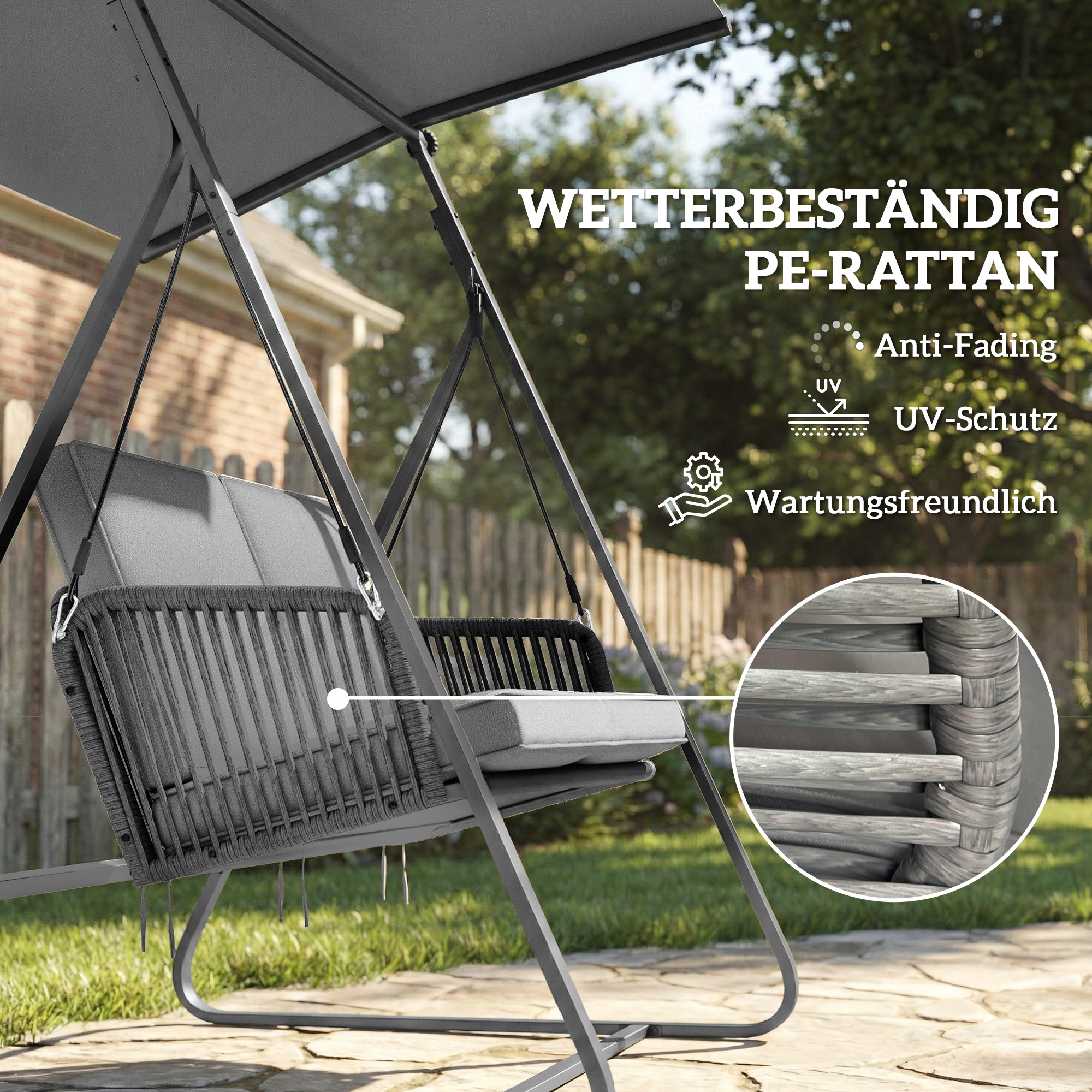 Hollywoodschaukel Rattan 2-Sitzer Gartenschaukel mit Verstellbarem Sonnendach weichem Kissen A-Rahmen