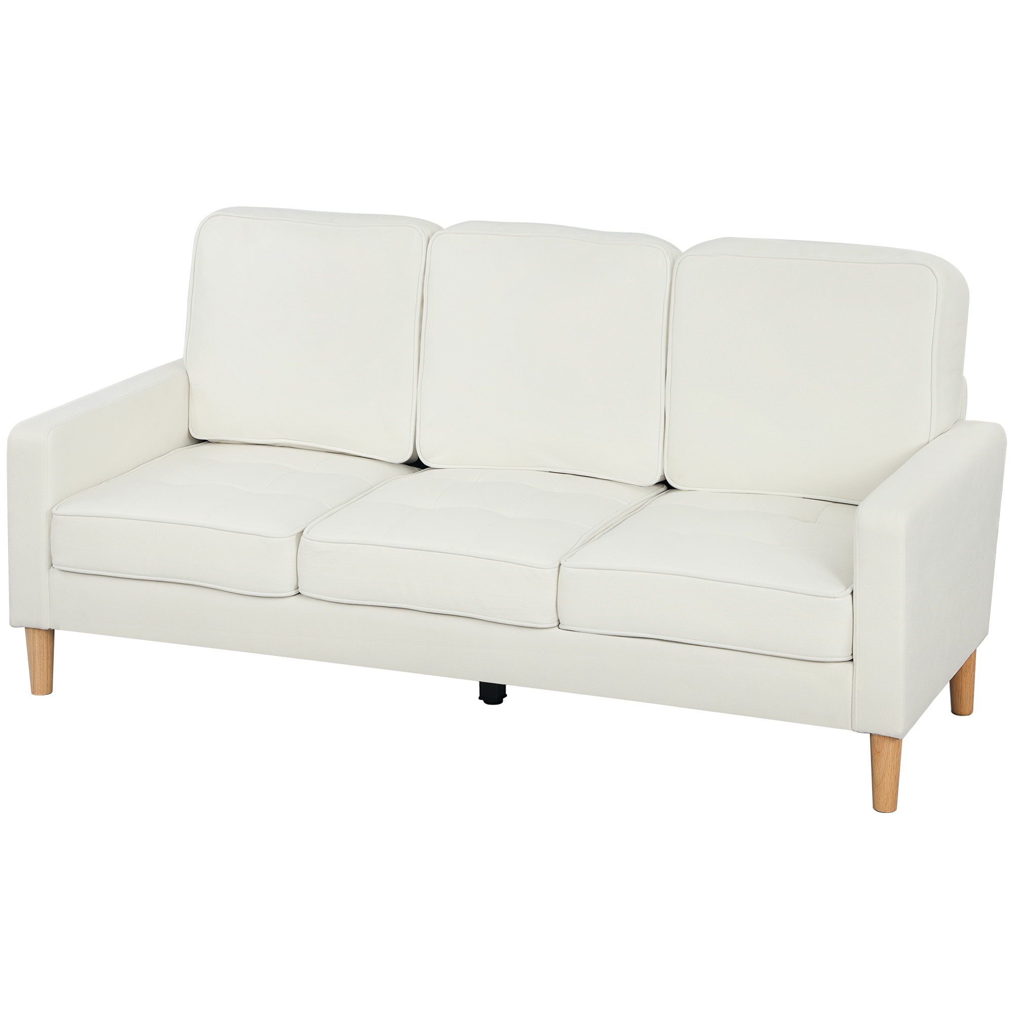 3-Sitzer-Sofa mit dicken Kissen, Kautschukholz, Stoffbezug, Polstersofa für Wohnzimmer, Büro, Schlafzimmer, Cremeweiß