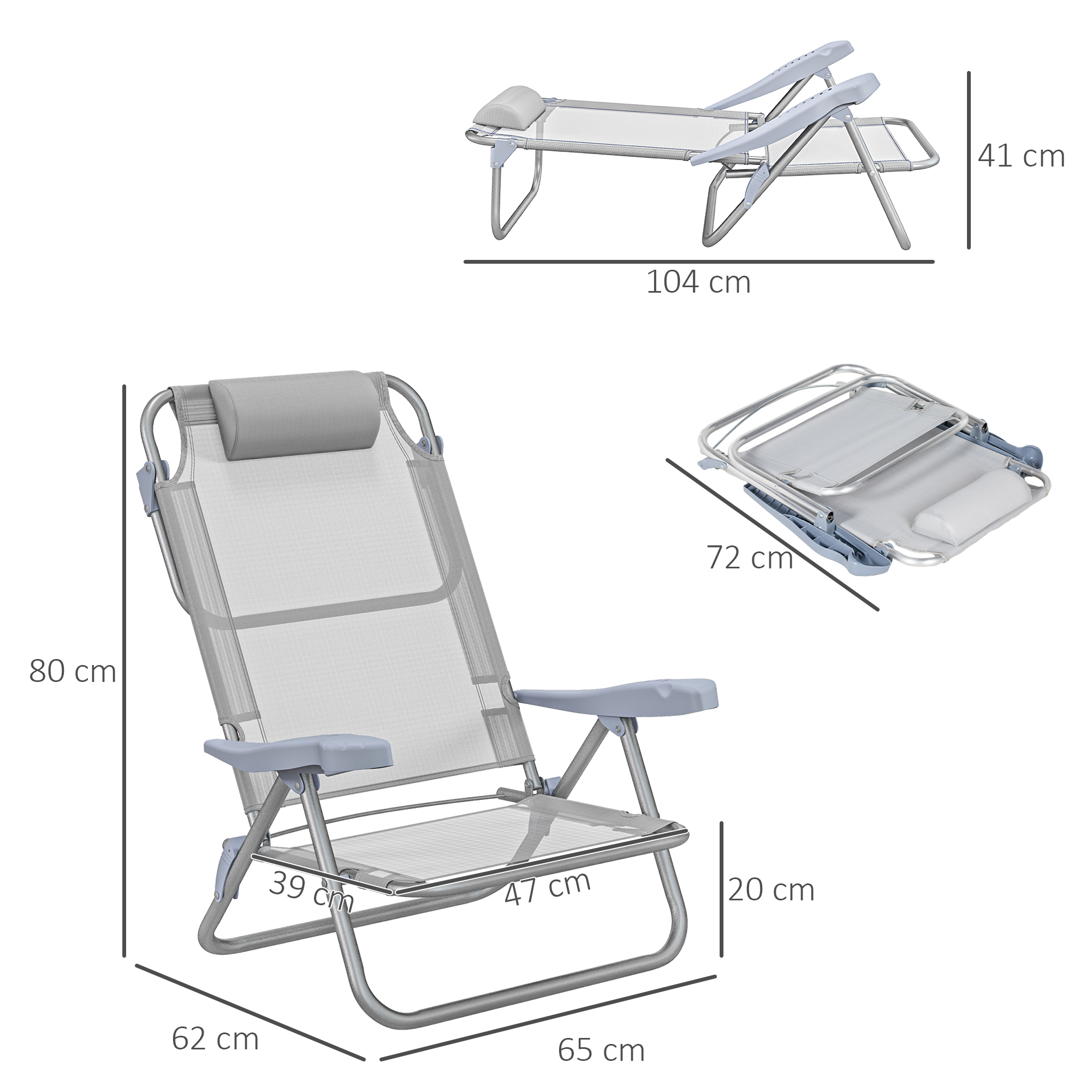 2er Set Campingstühle klappbar Campingstuhl mit 6-fach verstellbarer Netzrückenlehne Kopfstütze 62 x 65 x 80 cm Hellgrau