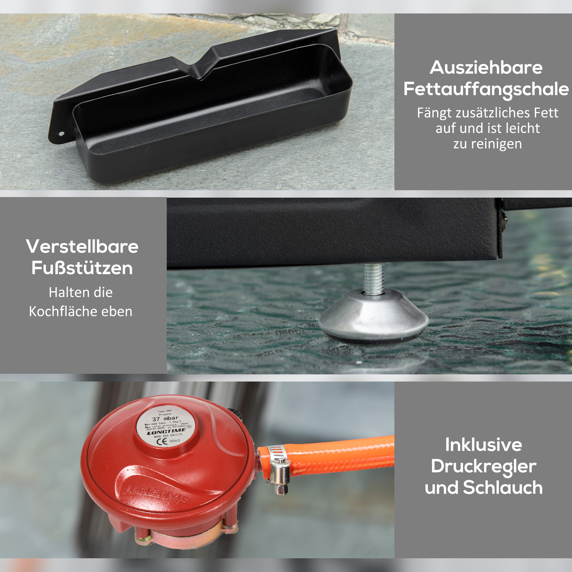 Gasgrill mit 3 Brennern, Schlauch, Antihaft-Grillplatte, Edelstahl, Farbe: Silber, 63 x 48 x 21 cm