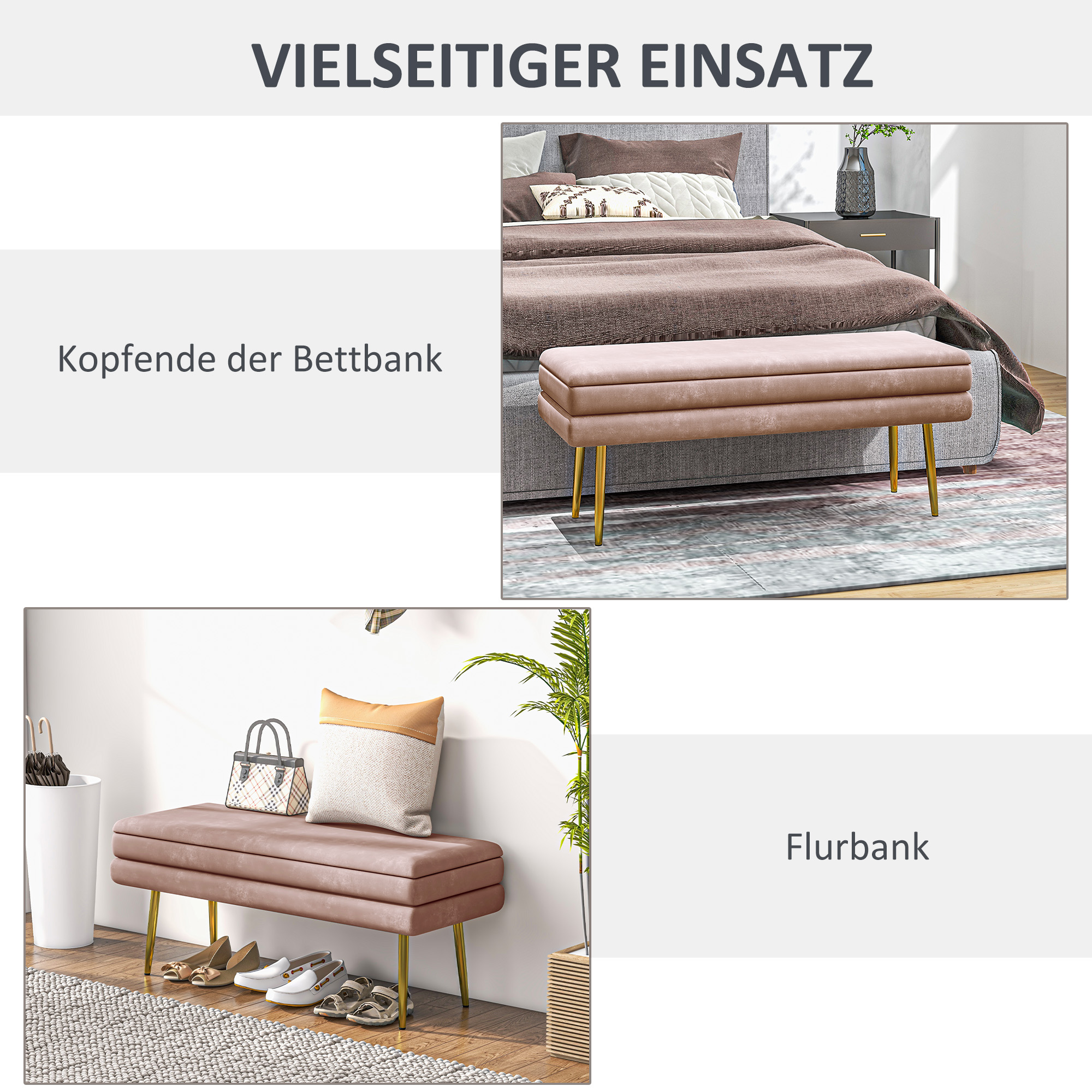 Sitzbank Polsterbank, mit Stauraum, Stahl, 100 x 37,5 x 42 cm, Rosa