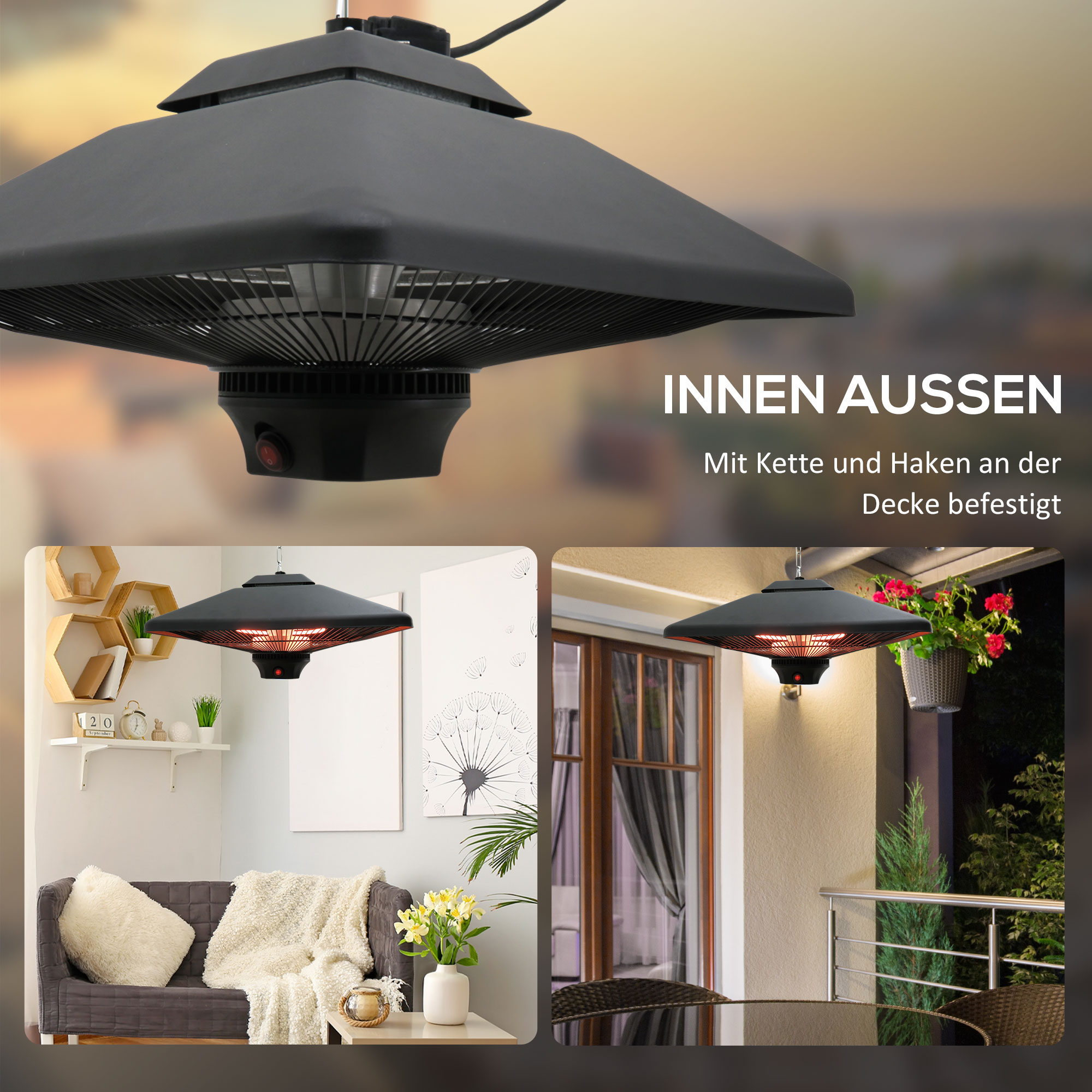 Infrarotstrahler 2000 Watt Heizstrahler mit Fernbedienung 2 Heizstufen Schutzhülle LED-Anzeige elektrisch Wärmestrahler Quarzstrahler Terrassenheizer Infrarotheizung Schwarz