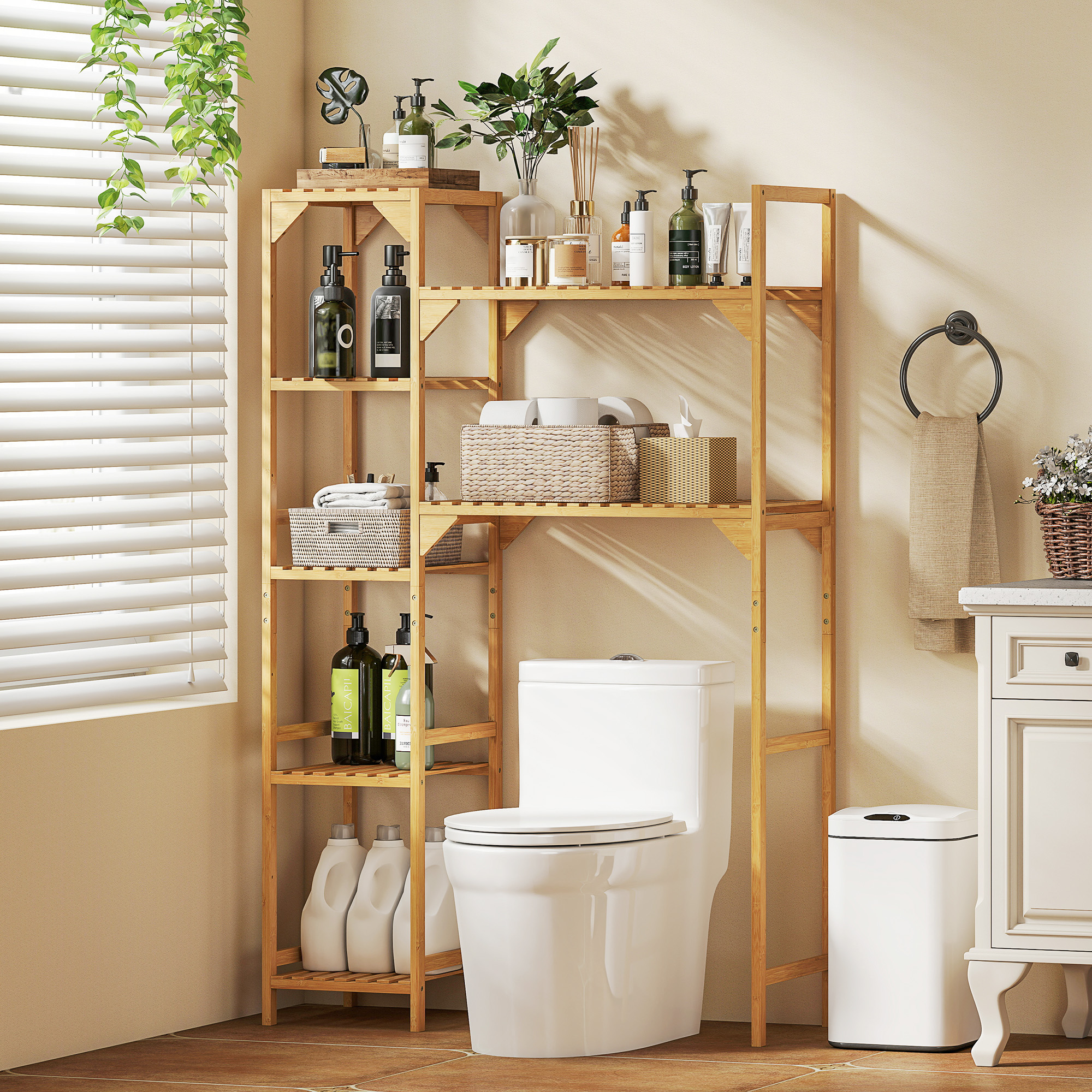 Waschmaschinenregal, mehrere offene Fächer, für Wäsche, Zubehör, Bambusholz