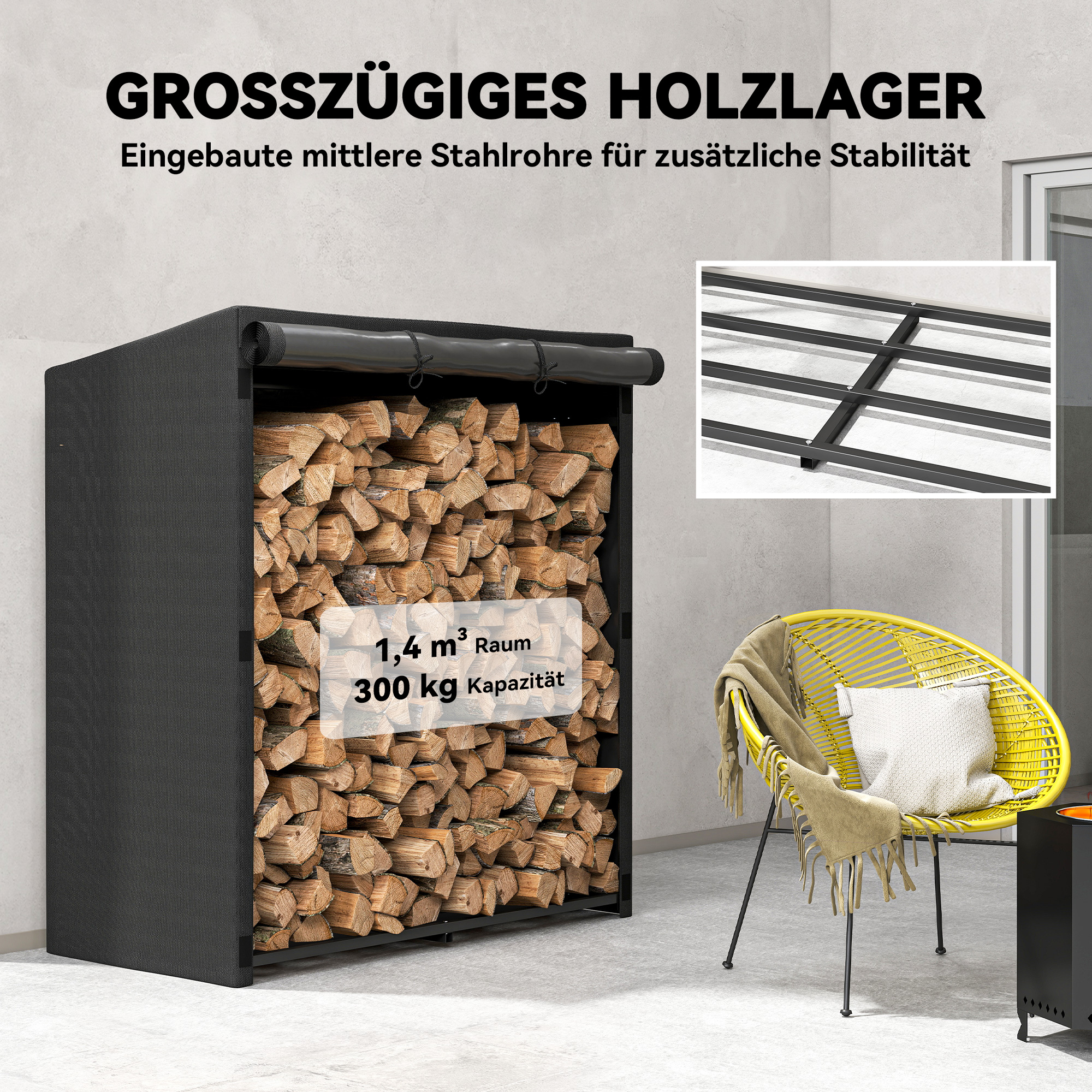 Feuerholzregal, Brennholzständer aus Stahl, Stoffabdeckung, 300 kg Belastbarkeit, 140 x 70 x 154 cm, Schwarz
