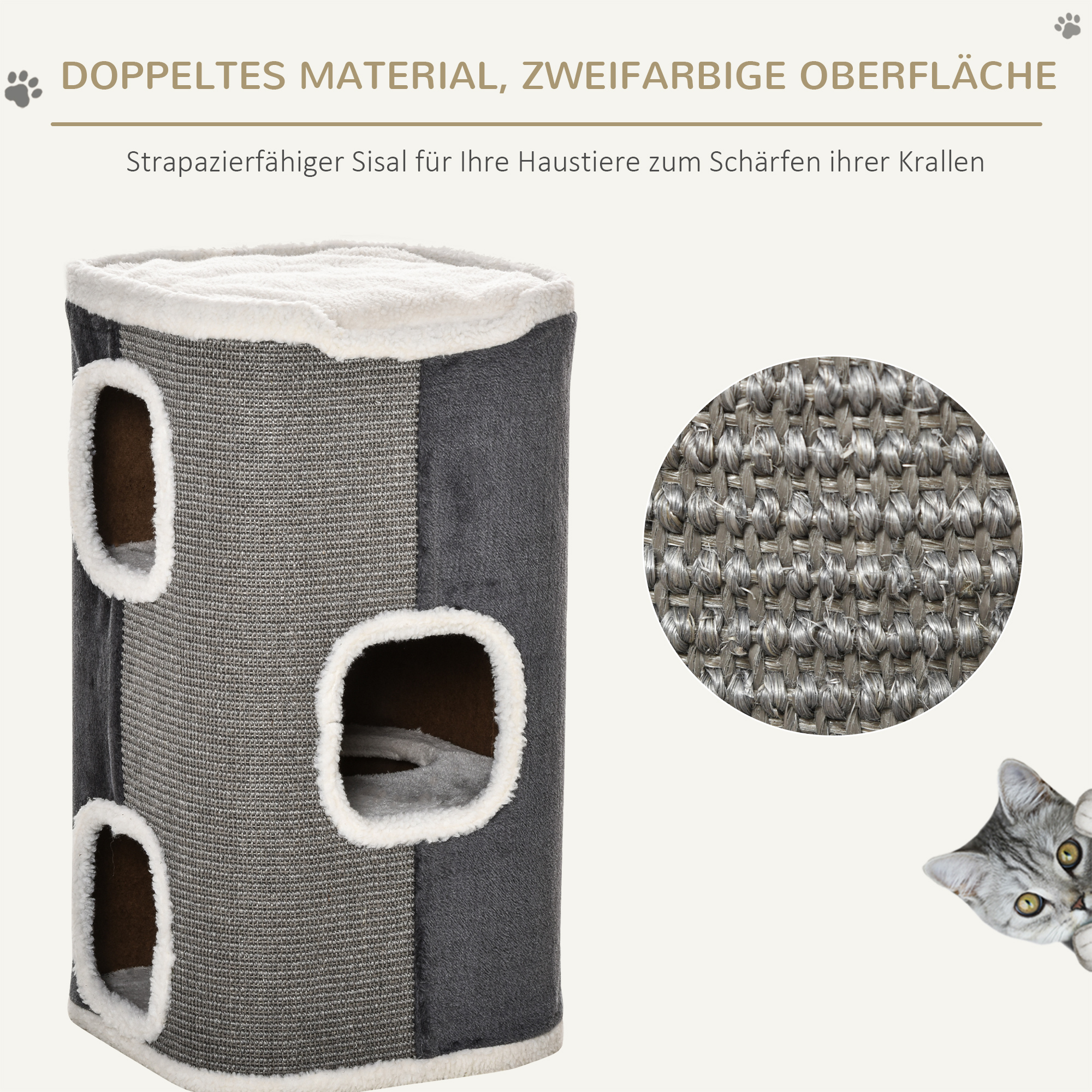 Kratztonne für Katzen Katzenkratzbaum 3 Ebenen Katzenbaum Kletterbaum für Katzen Katzenmöbel Spanplatte samtartiges Polyester Sisal Grau+Weiß 40 x 40 x 74 cm