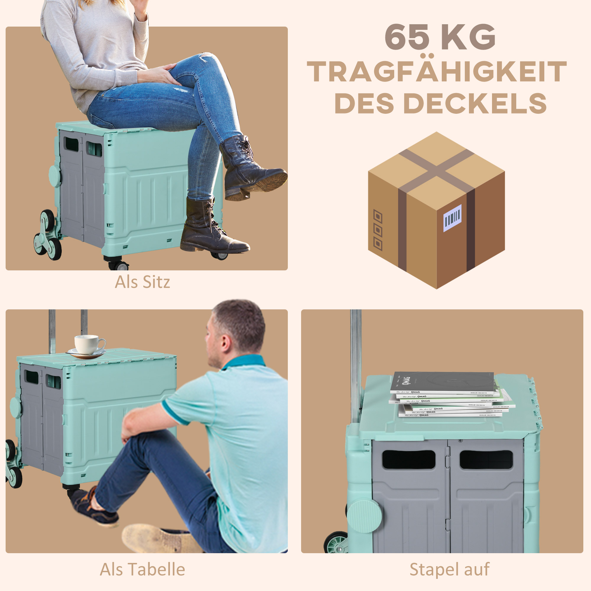 Einkaufswagen Einkaufstrolley, Treppensteiger,  klappbar, Teleskopgriff, bis max, 65 Kilo belastbar, Grün