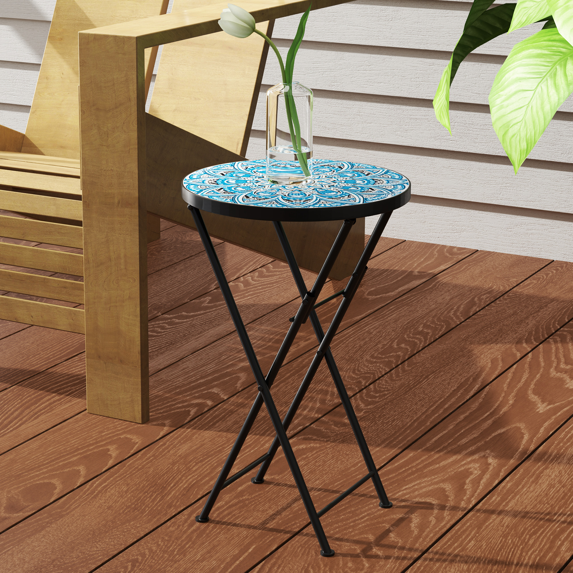 Mosaik-Gartentisch, Faltbarer runder Terrassentisch mit Metallrahmen und Keramik-Tischplatte, Mosaik-Muster, Blau