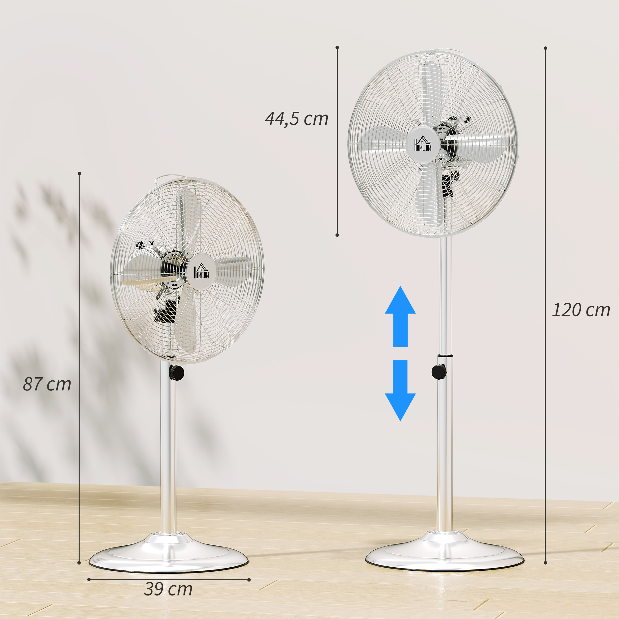 120 cm Standventilator, Ventilator, Höhenverstellbarer Lüfter, 3 Geschwindigkeitsstufen, Verstellbarer Neigungswinkel, Stahl, Silber
