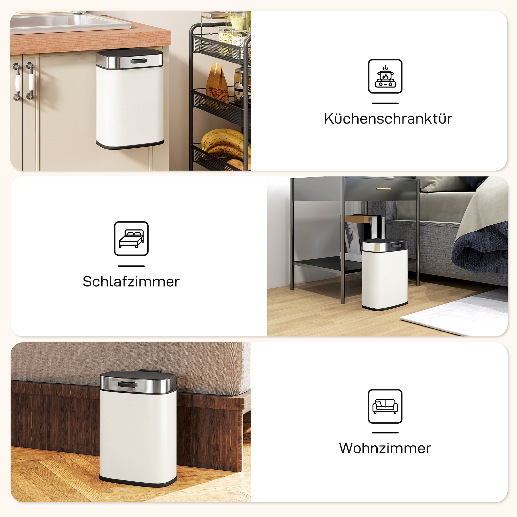 5 L Mülleimer, freistehend oder hängend platzierbar, Edelstahl, Cremeweiß