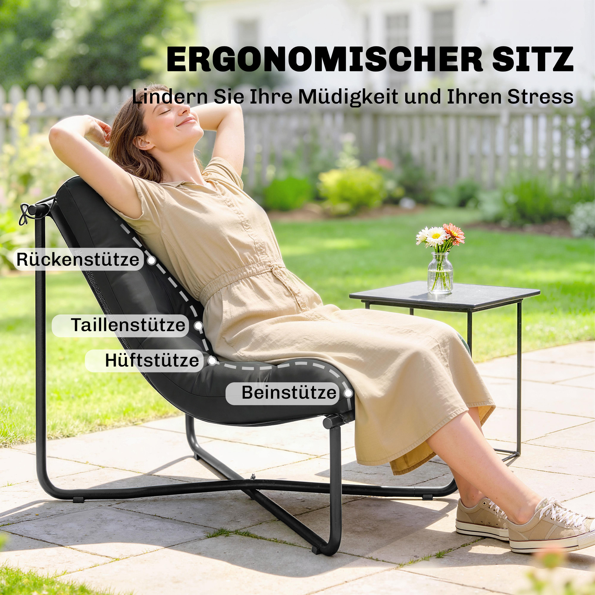 Lounge Sessel Outdoor Ergonomischer Gartensessel mit hautfreundlich Kissen Breiter Sitz Stahlrahmen Dunkelgrau