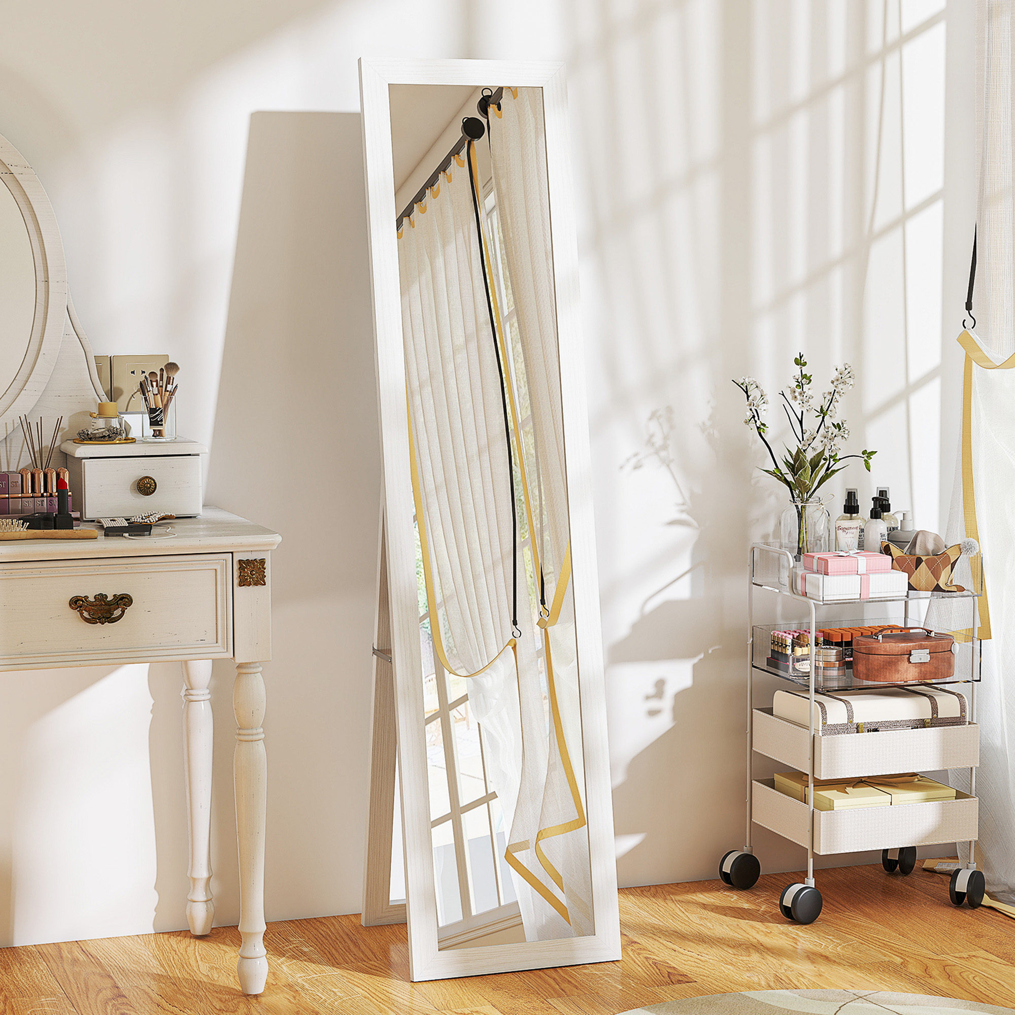 Standspiegel, Ganzkörperspiegel mit Ständer, freistehender Wandspiegel, 37 x 157 cm, Weiß