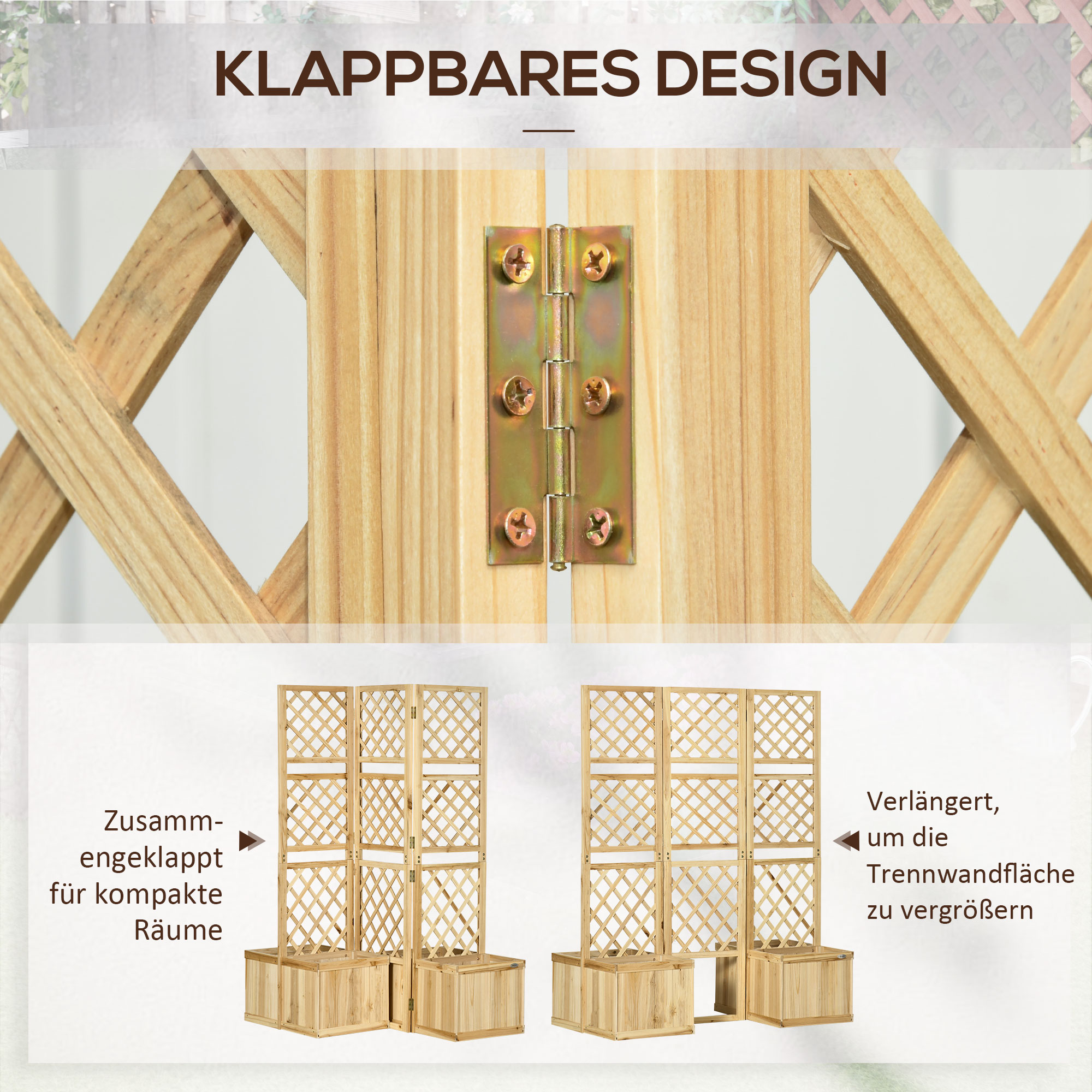 Paravent, Sichtschutz für Garten, dreifach klappbar, 4 Blumenkästen, Massivholz, Naturfarbe, 133 x 62 x 165 cm
