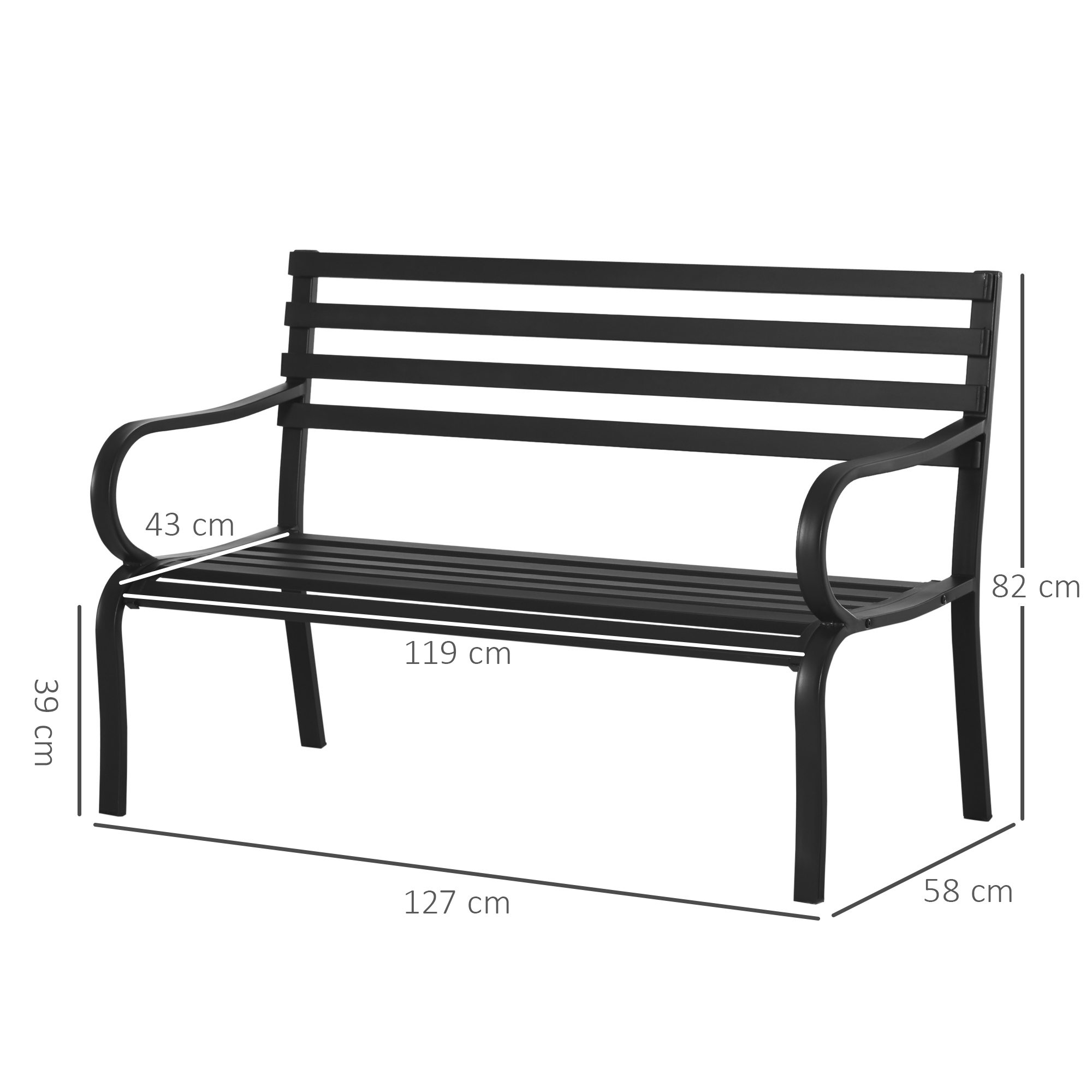 2-Sitzer Gartenbank Sitzbank 240kg belastbar Bank Gartenmöbel für den Innen- und Außenbereich geeignet 127 x 58 x 82 cm Schwarz