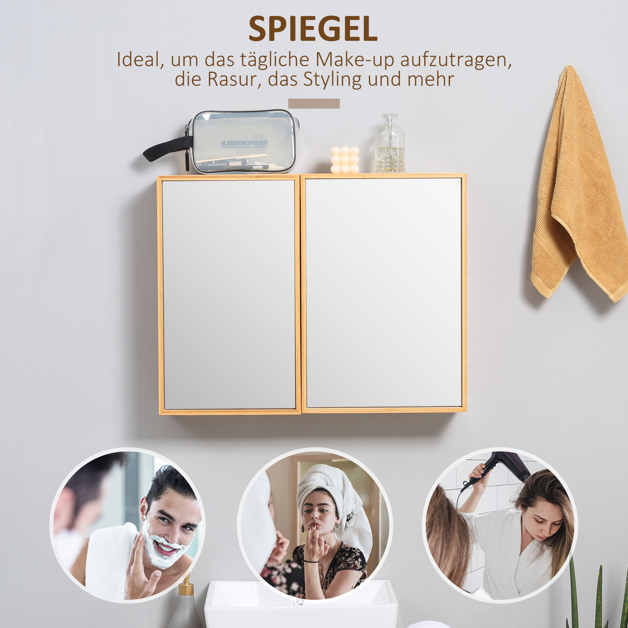 Badschrank mit Spiegeltüren, mehrere Innenfächer, robustes Gehäuse aus Bambusholz, 65,2 x 14 x 50 cm
