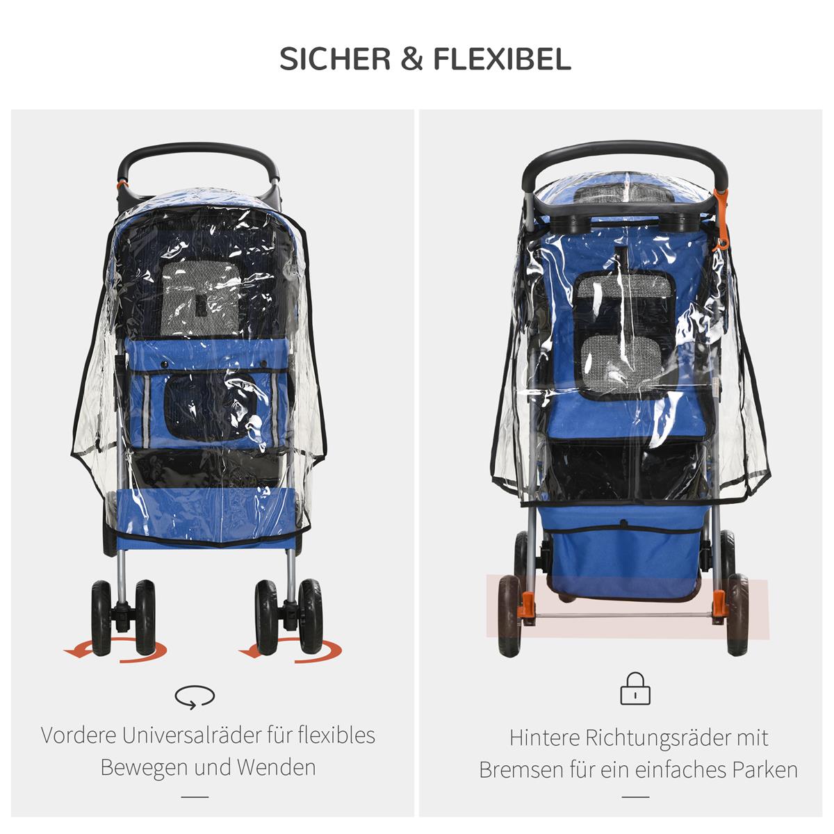 Hundebuggy Hundewagen bis 10 kg Klappbar Regenschutz Bodenkorb 2 Becherhalter 75 cm x 45 cm x 97 cm, Blau