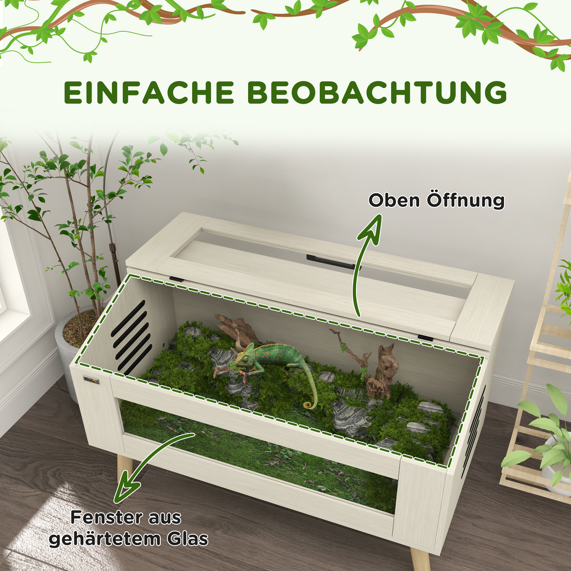 Reptilienbox, Eidechsenkasten, 140 Liter, Heizkissen-kompatibel, Glasfenster