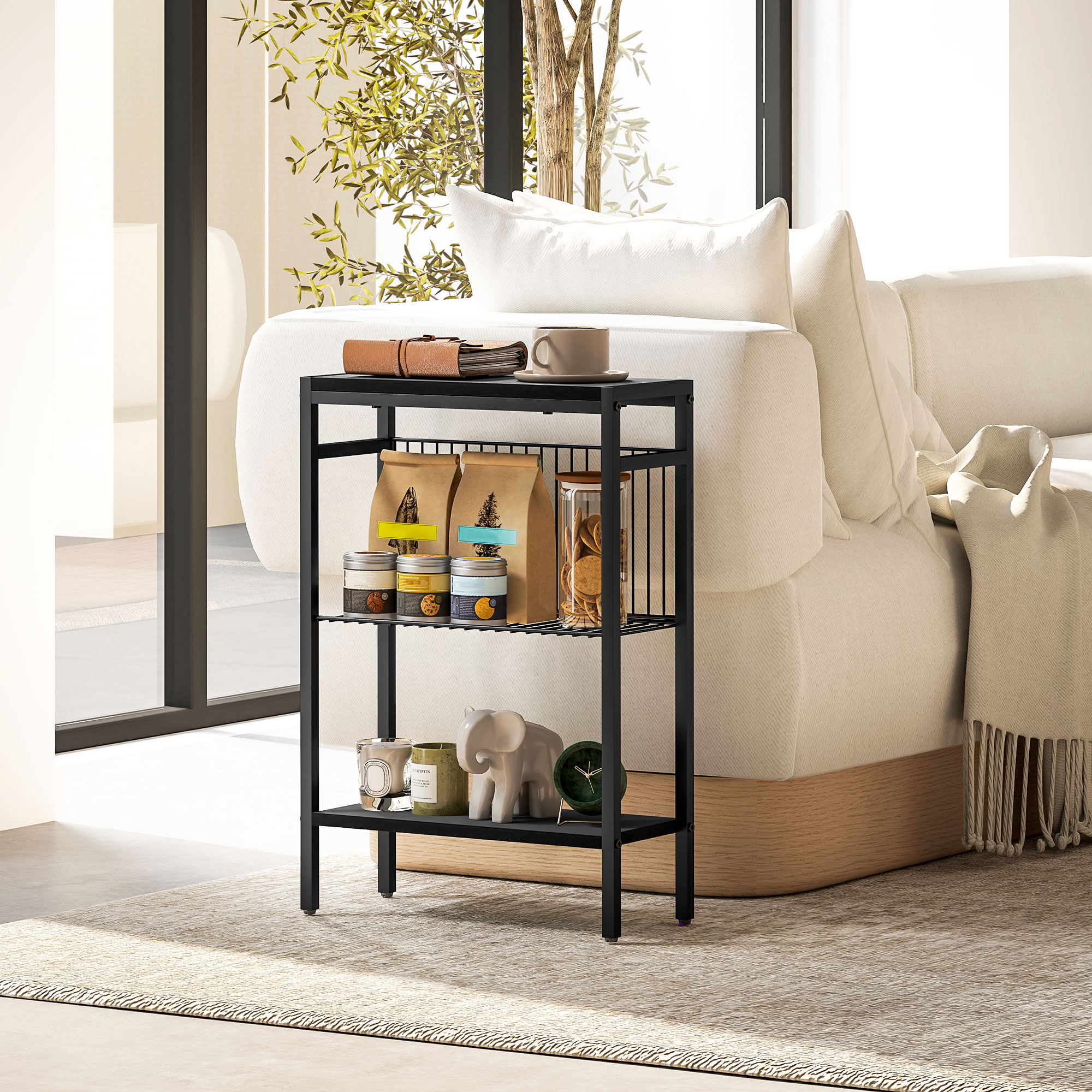 Beistelltisch, 3-stufiges Design, Regale in Holzoptik, Stahlrahmen, Schwarz