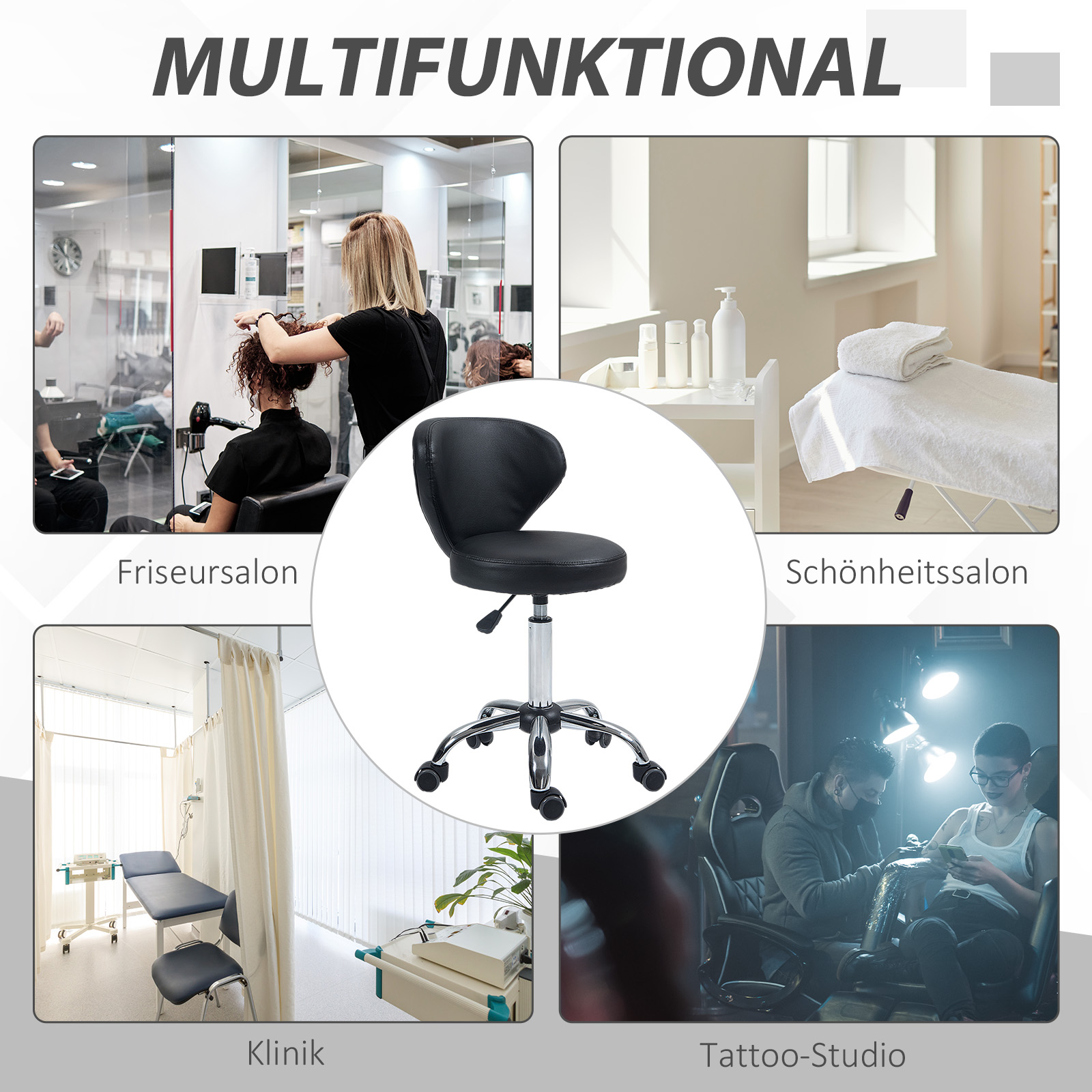 Salonhocker in Lederoptik, höhenverstellbar, bis 120 kg, Stahlgestell, Schwarz