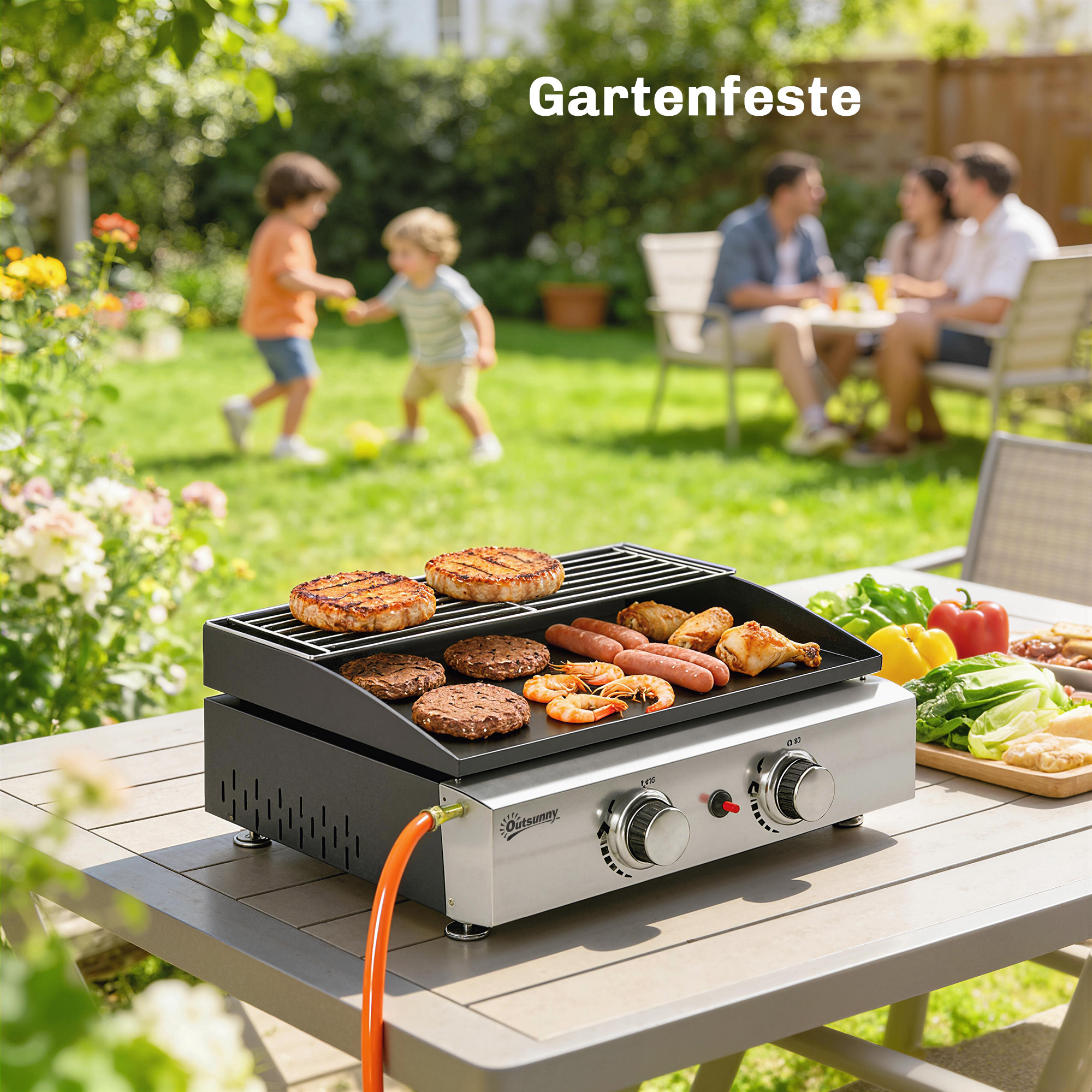 Gasgrill 5 KW Tragbarer Tischgrill mit 2 Brenner Keramische Lackbeschichtung Grillrost Warmhalterost