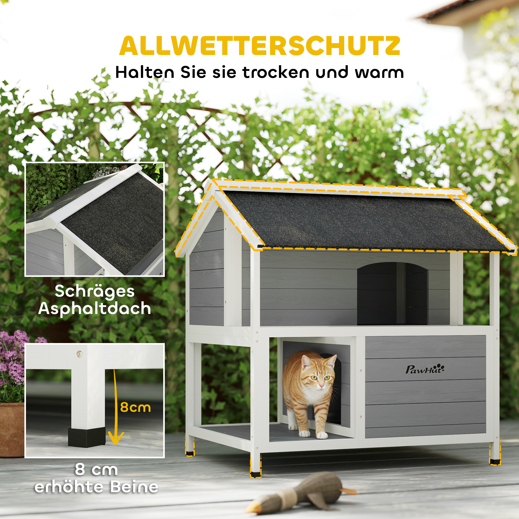Outdoor-Katzenhaus, Katzenzuflucht für den Außenbereich, wasserfest, aufklappbares Dach, Fichtenholz, 80 x 93 x 95, Grau