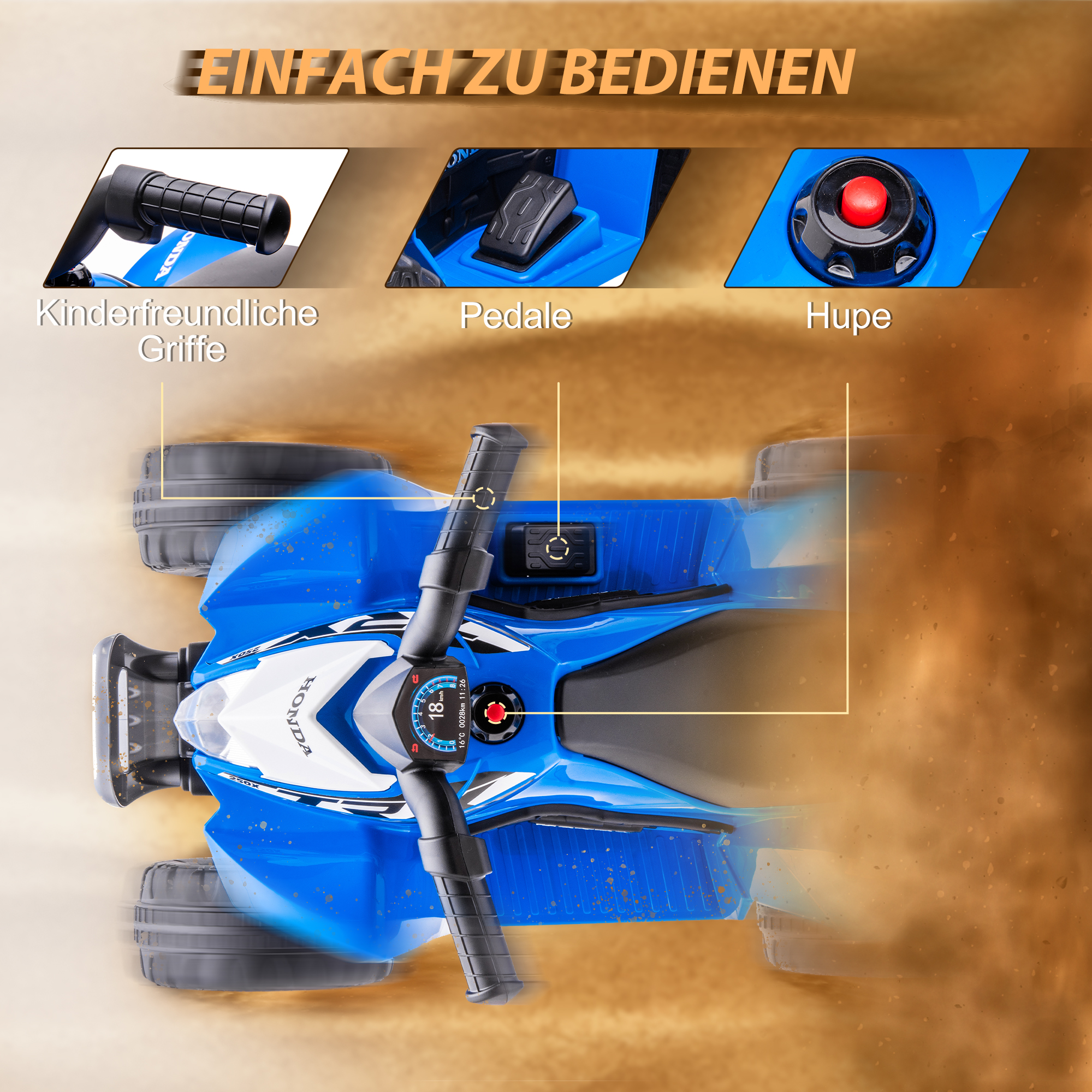 Kinderquad, LED-Licht, Hupe, breite Reifen, bequemer Sitz, rutschfeste Griffe, Blau