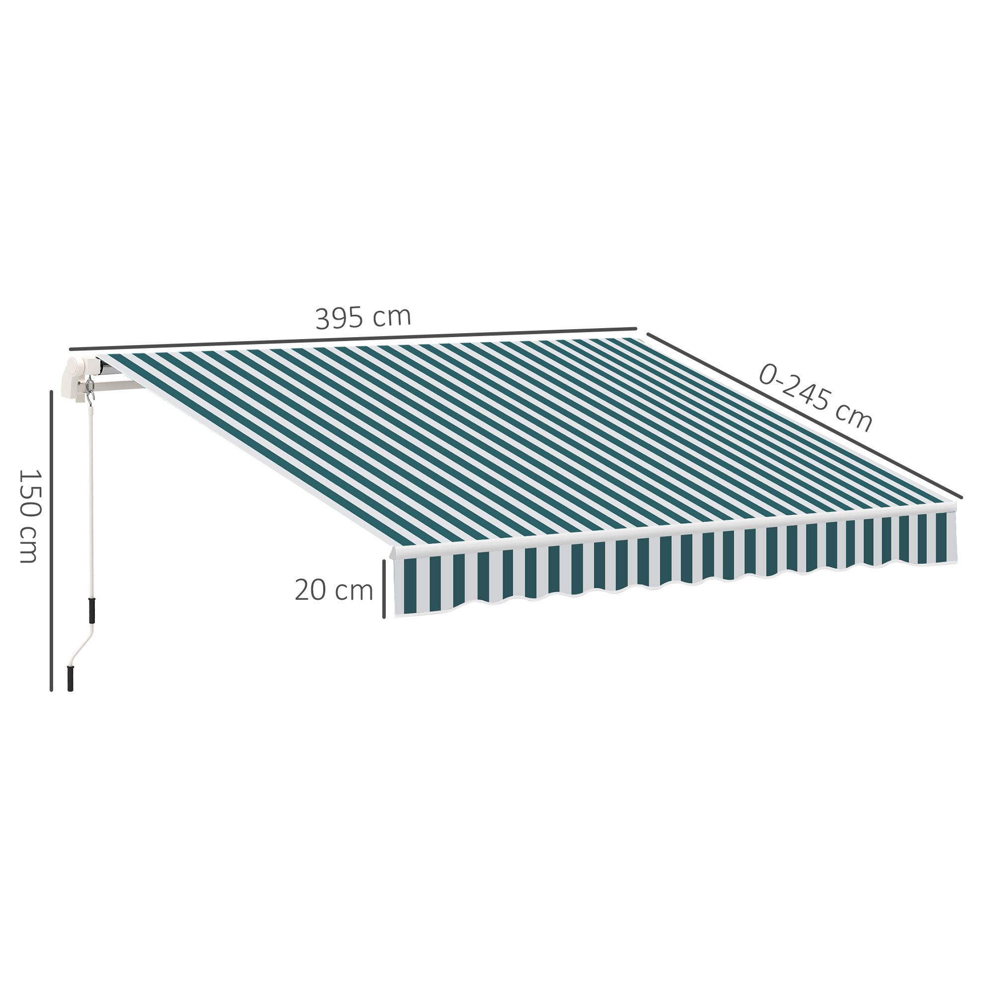 Markise, Sonnenschutz, einfahrbar, mit Handkurbel, Metallrahmen, Polyester, weiß+grün, 3,95 x 2,45 m
