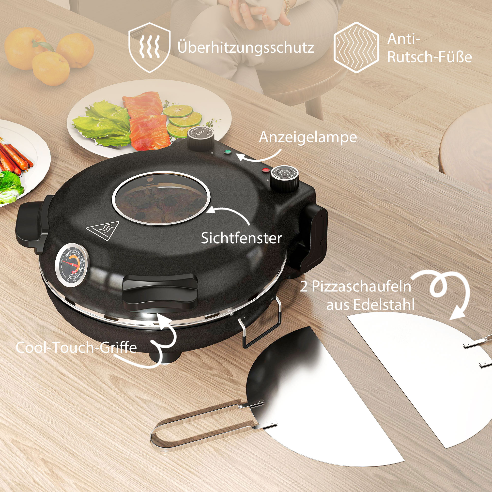 Pizzaofen elektrisch 430 ?, 1200 Watt Pizzabäcker mit 30cm Steinplatte Timer Sichtfenster Edelstahl Schwarz