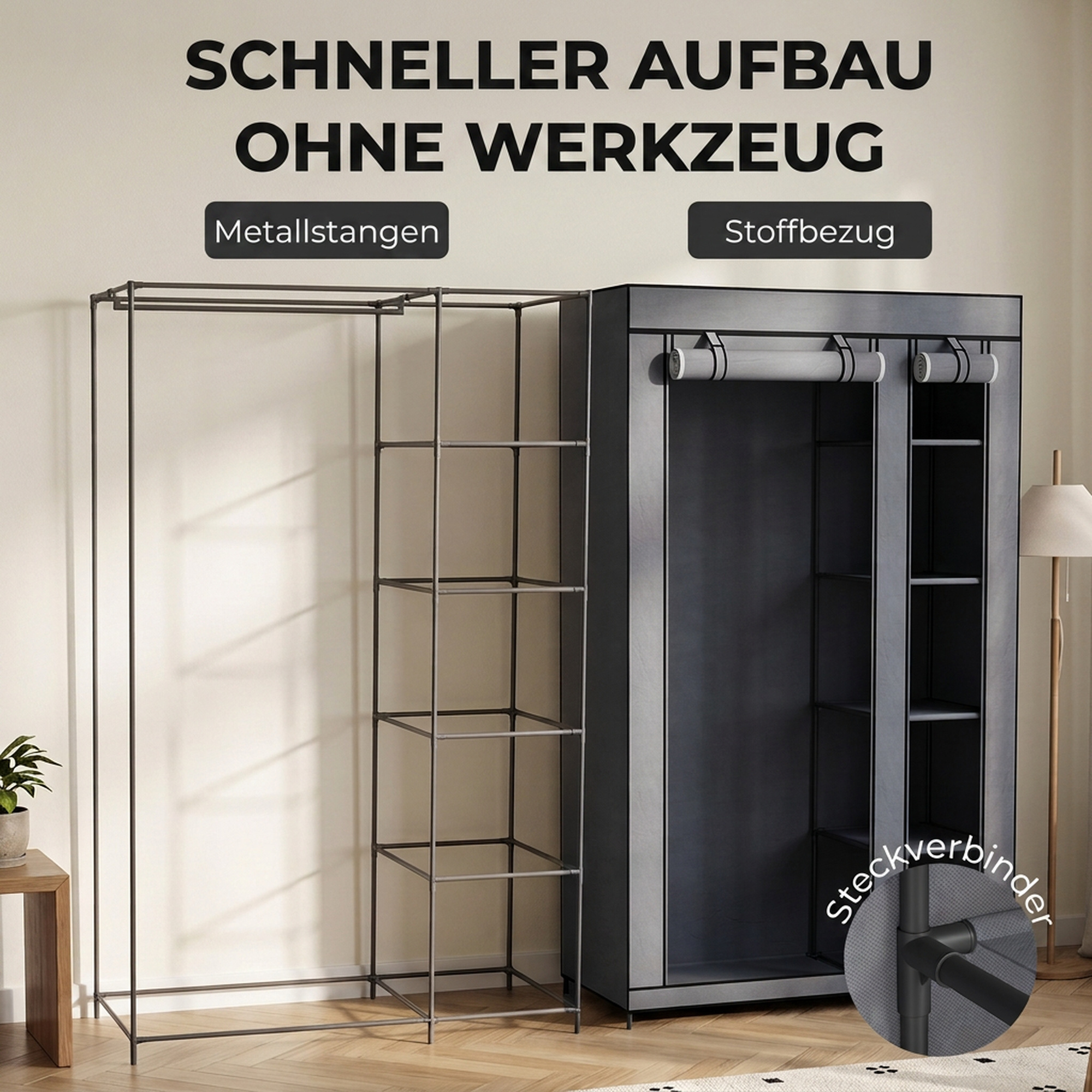 Mobiler Stoffkleiderschrank mit Kleiderstange und 5 Ablagefächern, Grau