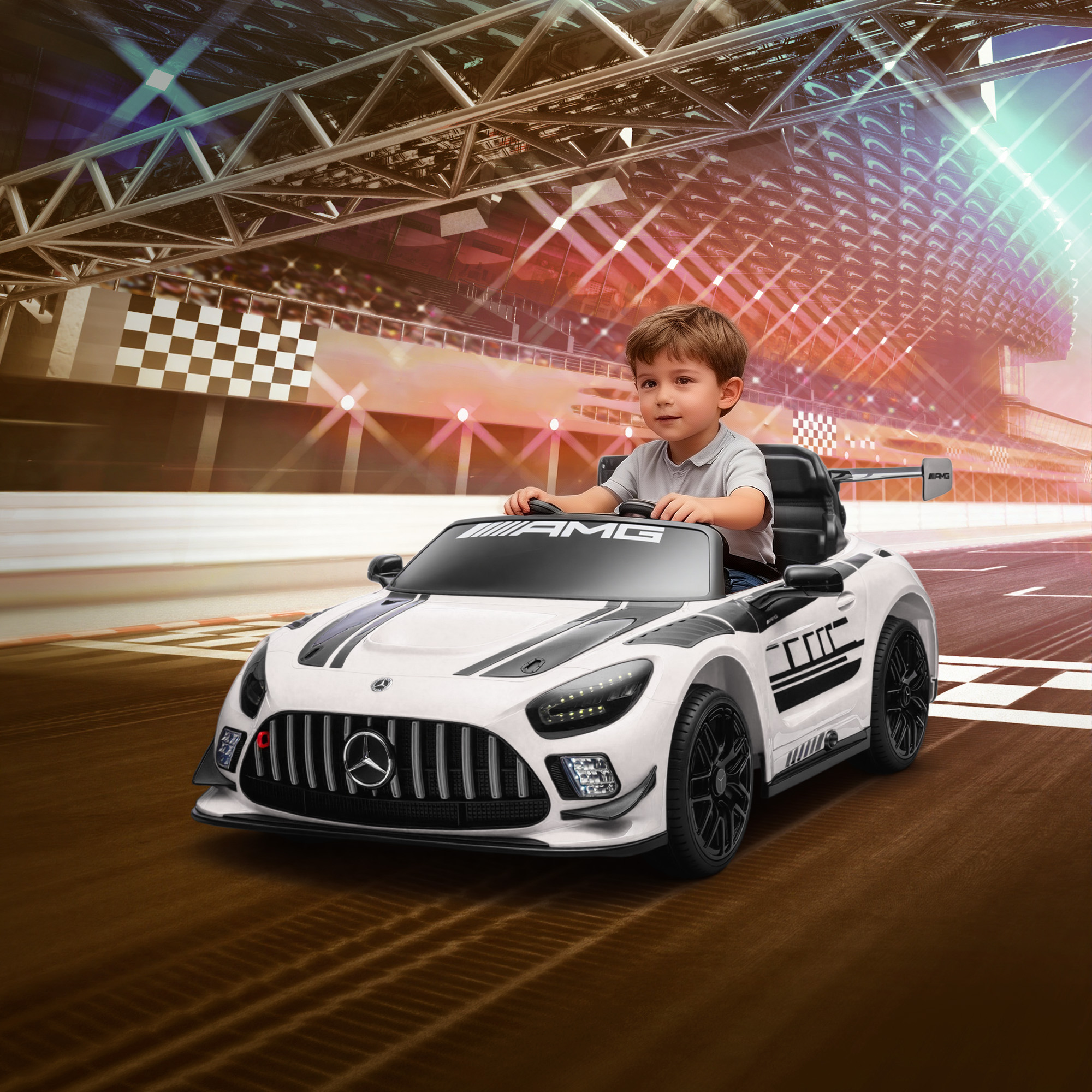 Mercedes-Elektroauto, Aufsitzauto für Kinder, 12V Batterie, LED-Lichter, Musikfunktion, Hupe, 3-8 Jahre, Weiß