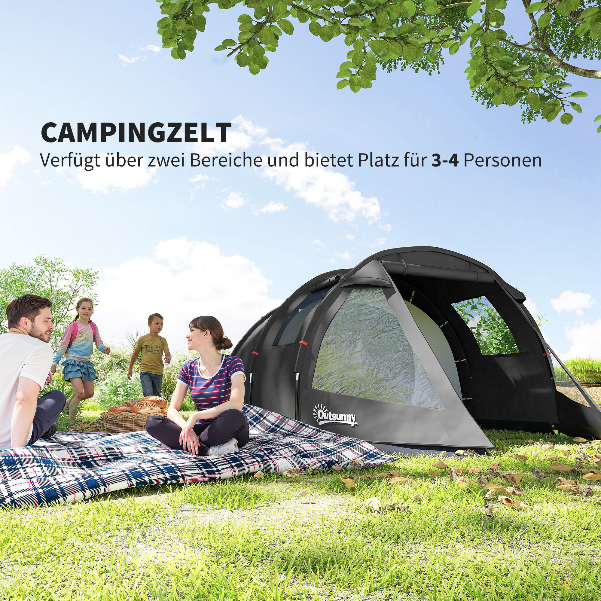 Campingzelt Trekkingzelt Zelt, wetterbeständig, 2 Räume,  475 x 264  cm Breite x 172, Schwarz