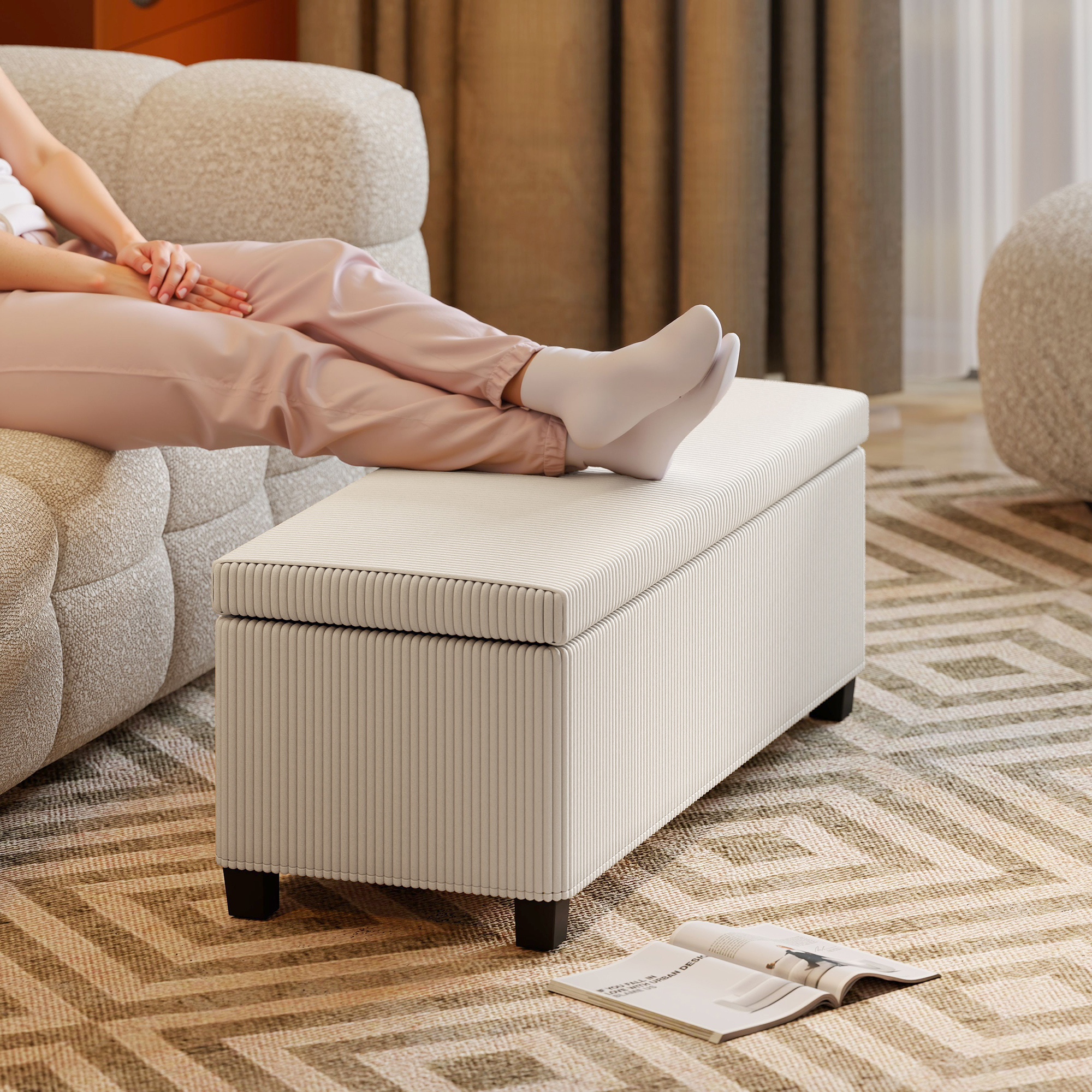 Sitzbank mit Stauraum, Aufbewahrungsbank, Cord-Design, Stahlrahmen, Beige