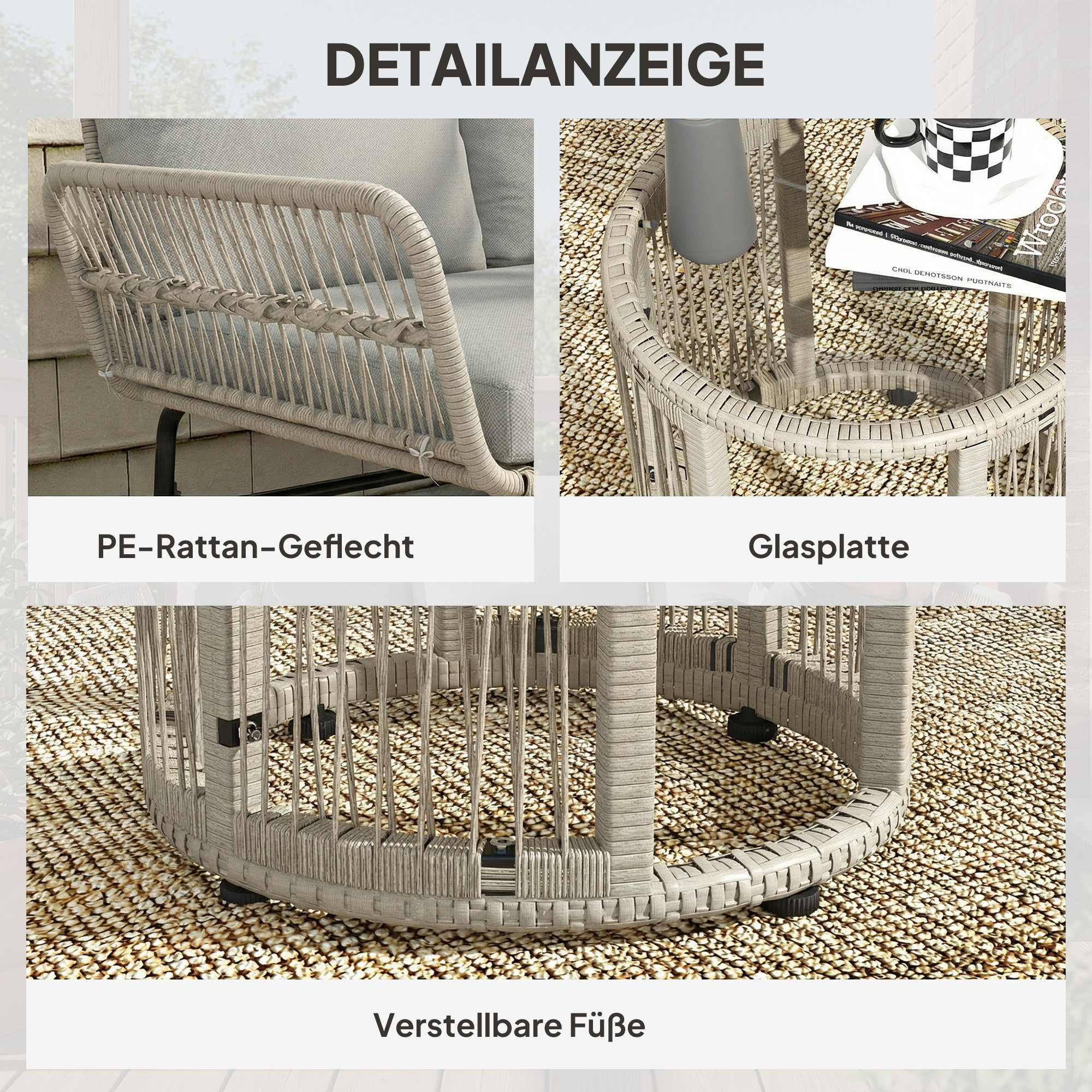 Polyrattan Gartenmöbel Set 3-teilig mit Sonnenliege Zweisitzersofa Couchtisch abnehmbar Kissen Hellgrau