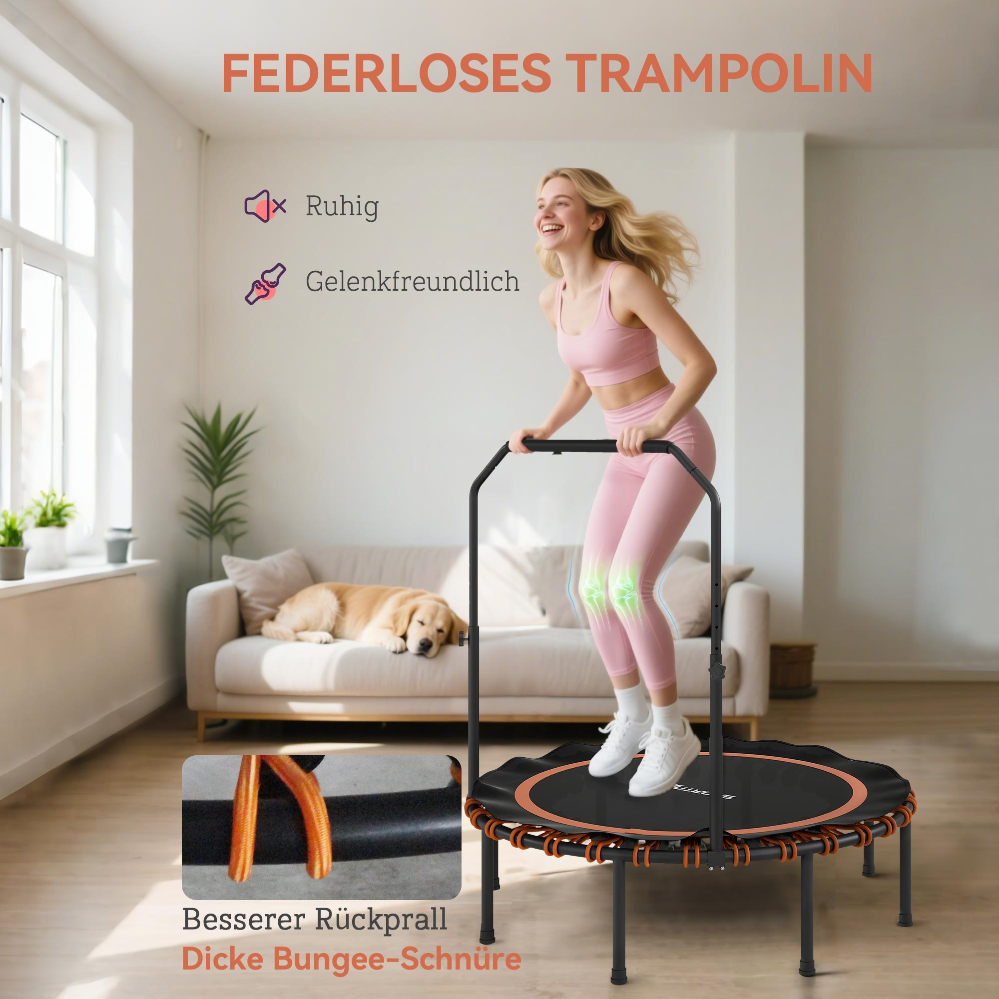 Fitness-Trampolin mit verstellbarem Handlauf, Sport-Trampolin für drinnen und draußen, Stahl, Kunststoff, Orange