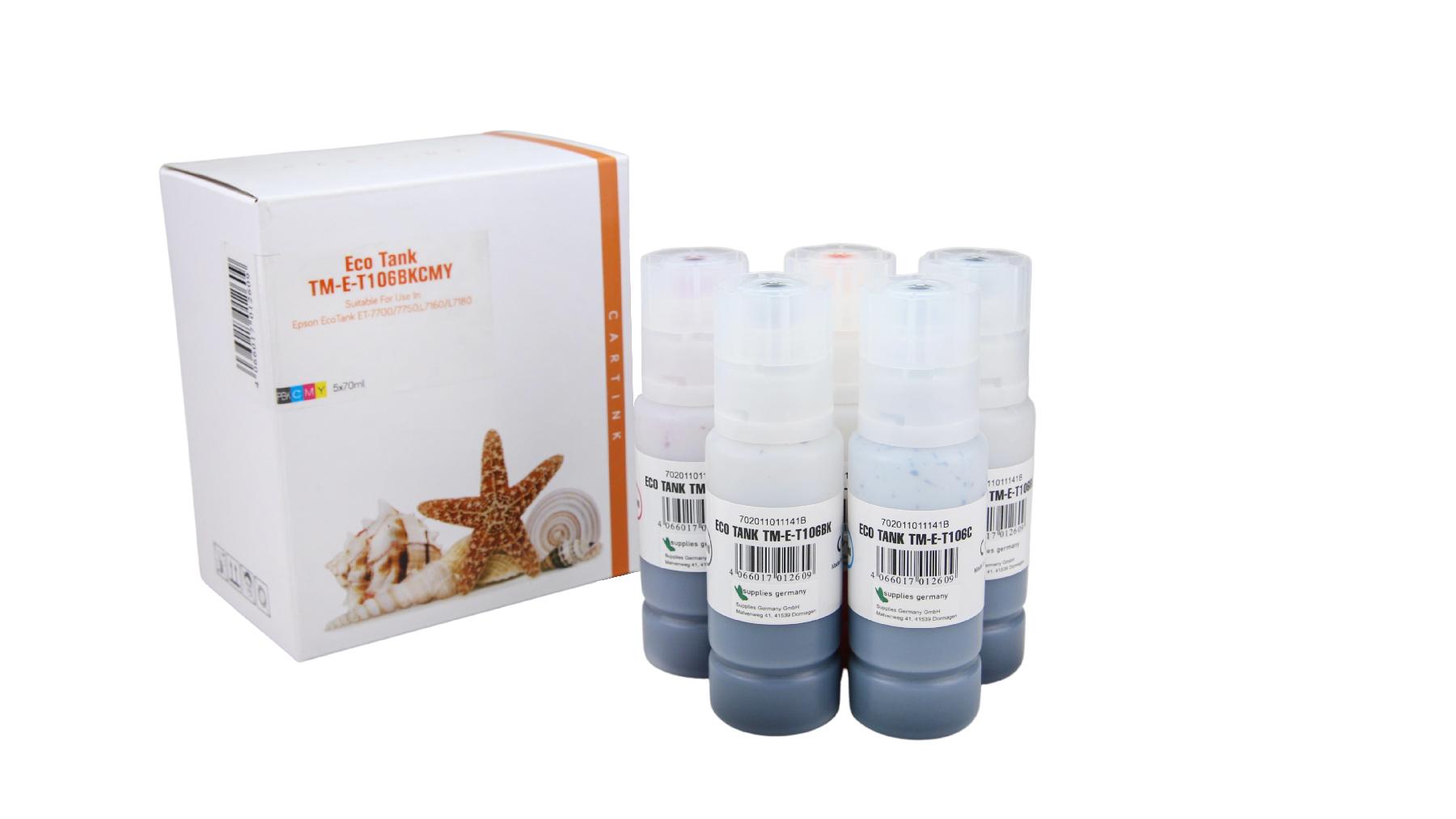 Multipack T106 alternativ Eco Tank Nachfüllflasche für Epson / C13T00R140440 / 2x BK  CMY / 70ml