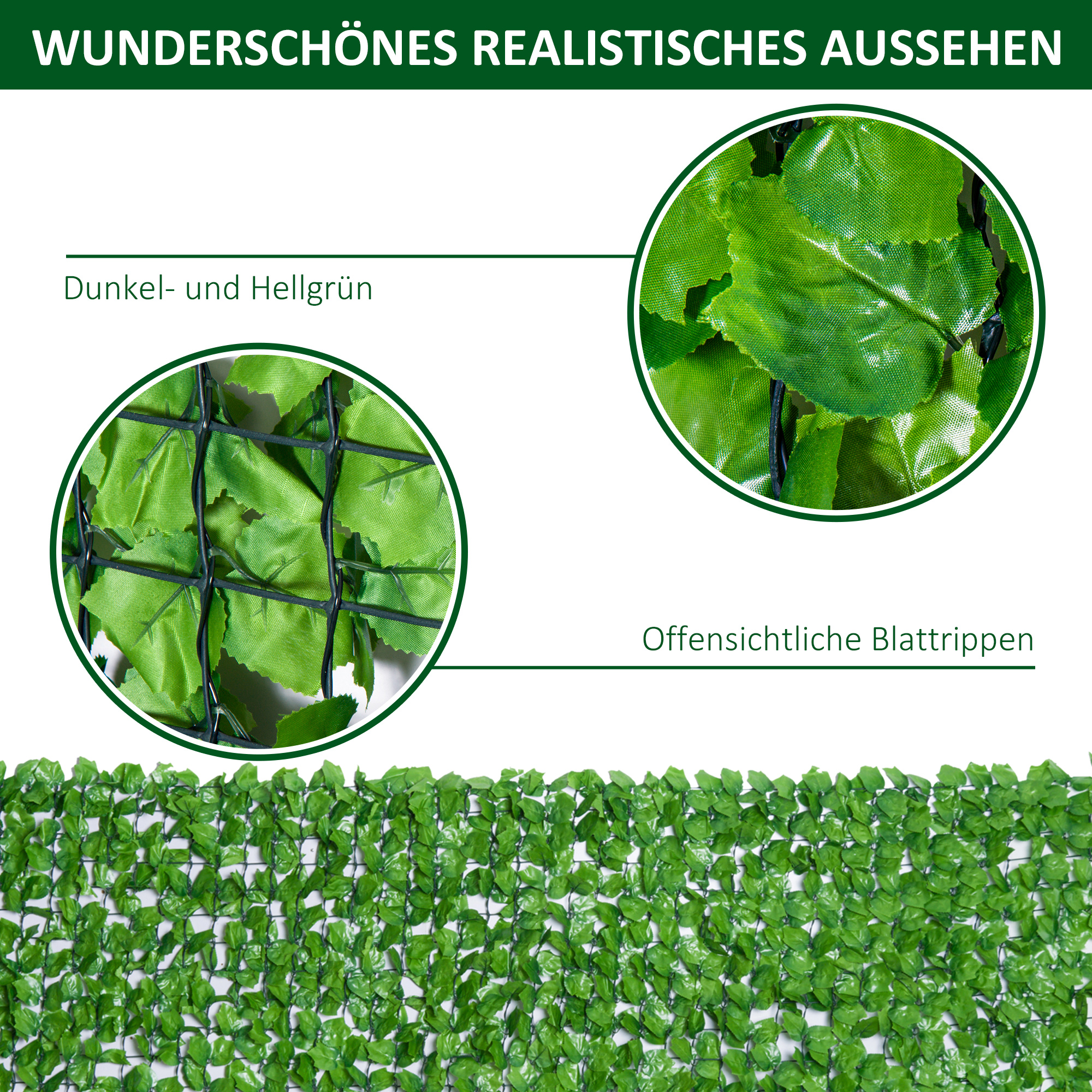 künstlicher Hecken-Sichtschutz, UV-geschützt, Sichtschutzgitter mit Blättern, Hecken-Zaun, 300 x 150 cm, Grün