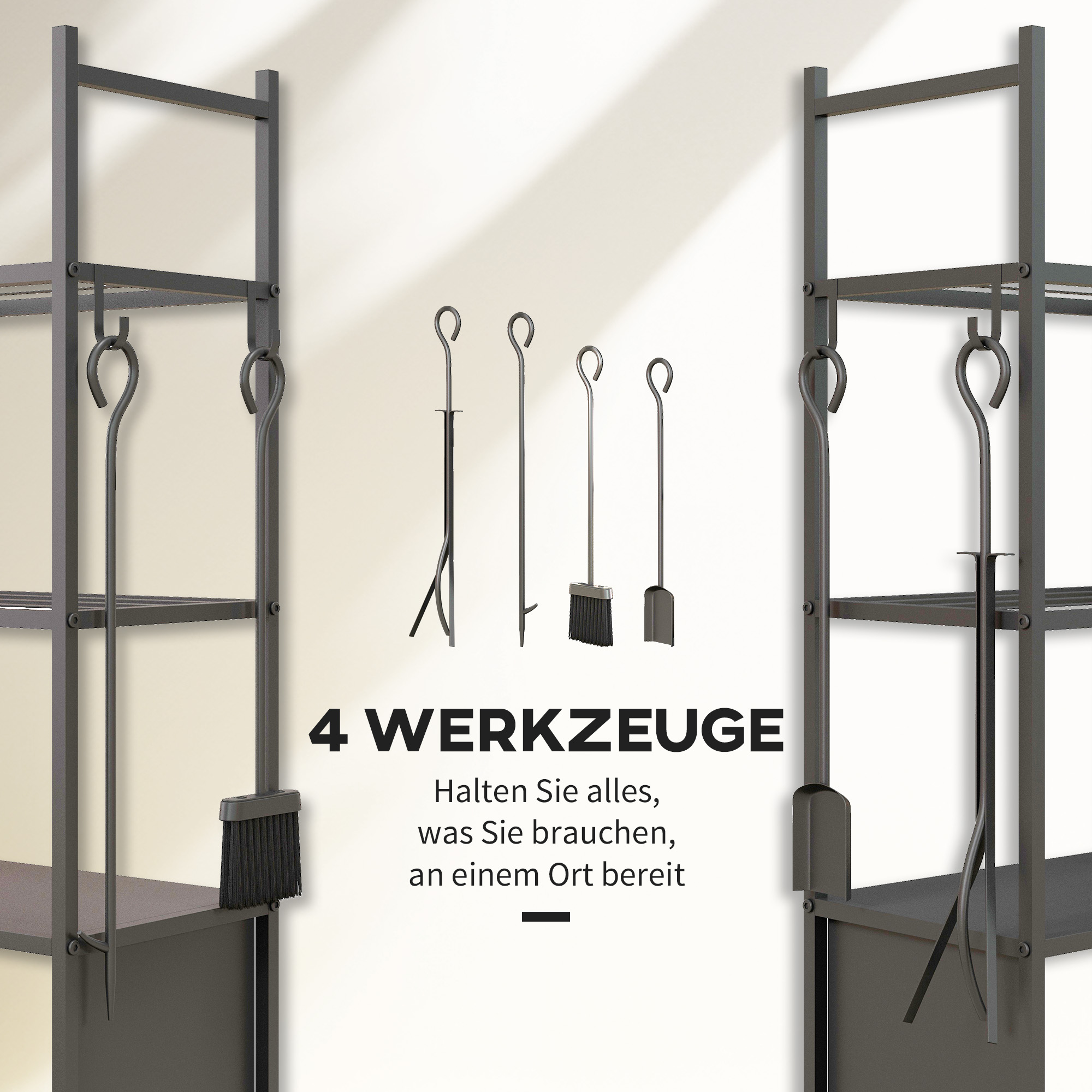 4-Ebenen-Feuerholzregal mit Rädern und 4 Werkzeugen, Brennholzregal aus Metall für den Innen- und Außenbereich, Schwarz